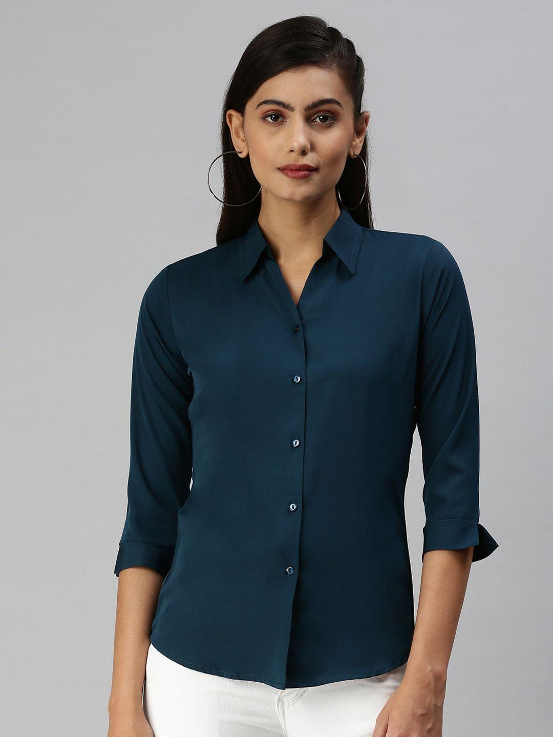 showoff women teal comfort slim fit casual shirt