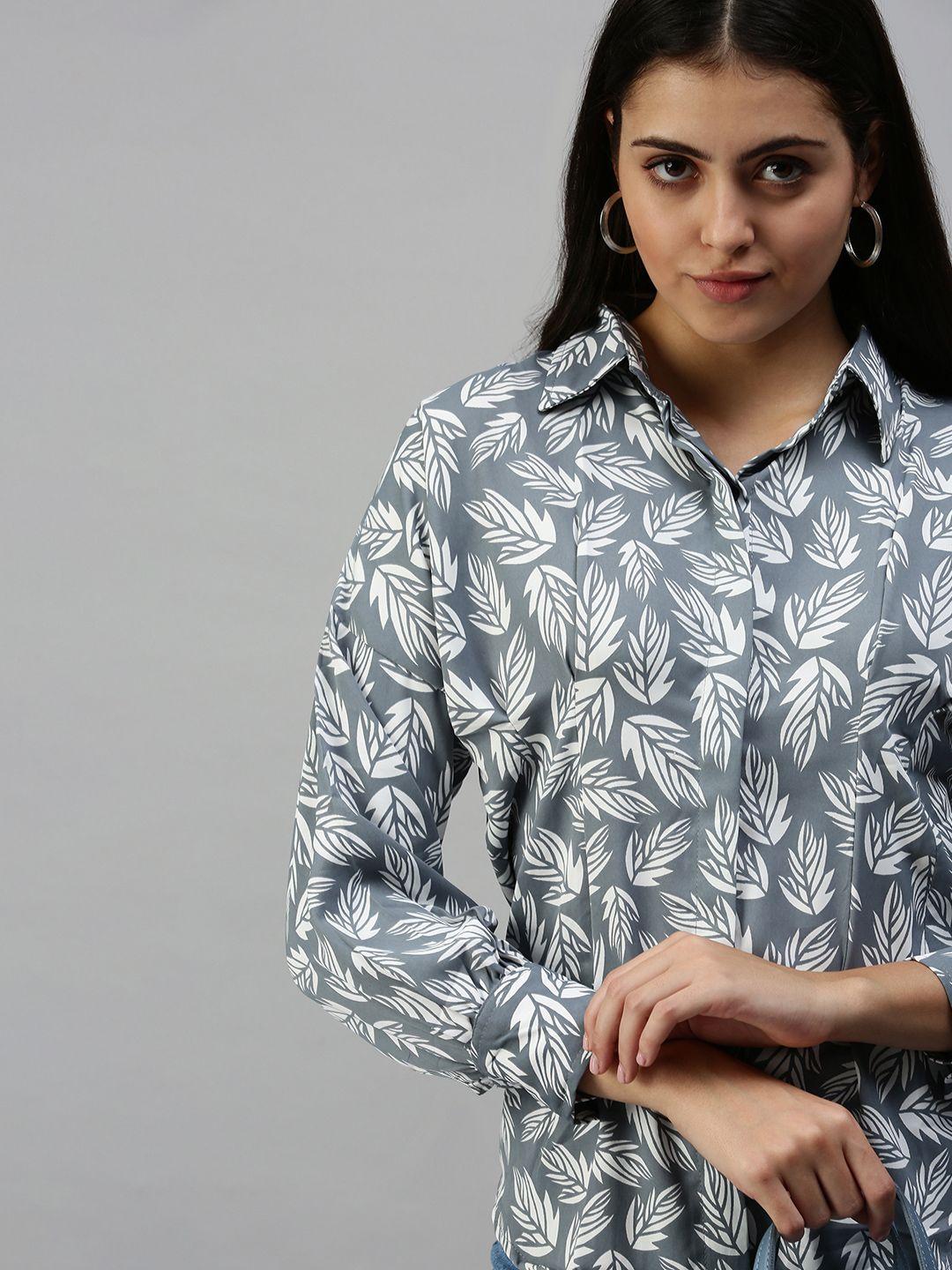 showoff women grey contemporary slim fit floral printed casual shirt