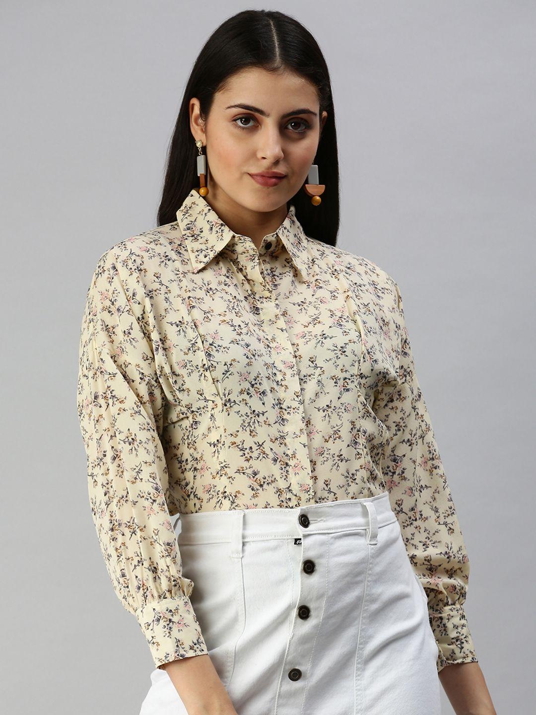 showoff women yellow contemporary slim fit floral semi sheer printed casual shirt