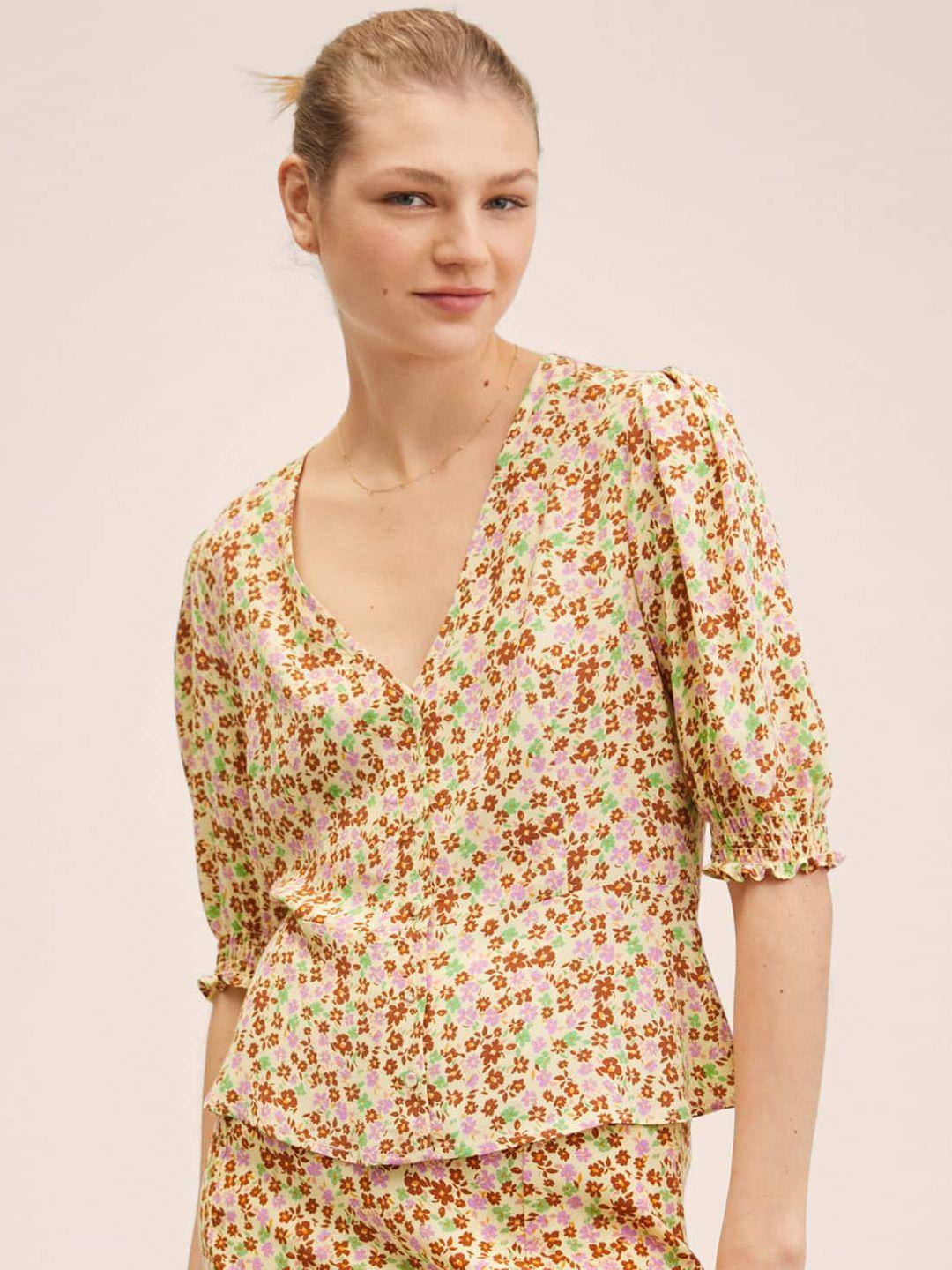 mango cream-coloured & brown floral micro ditsy print top