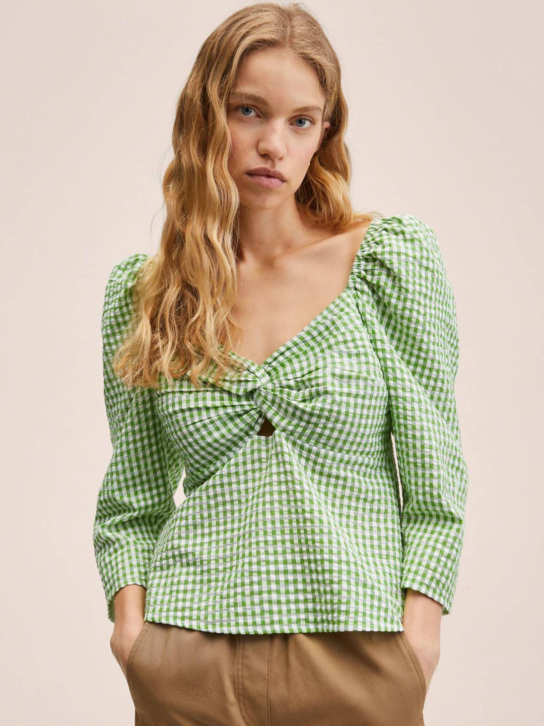 mango green & white checked sweetheart neck twisted top