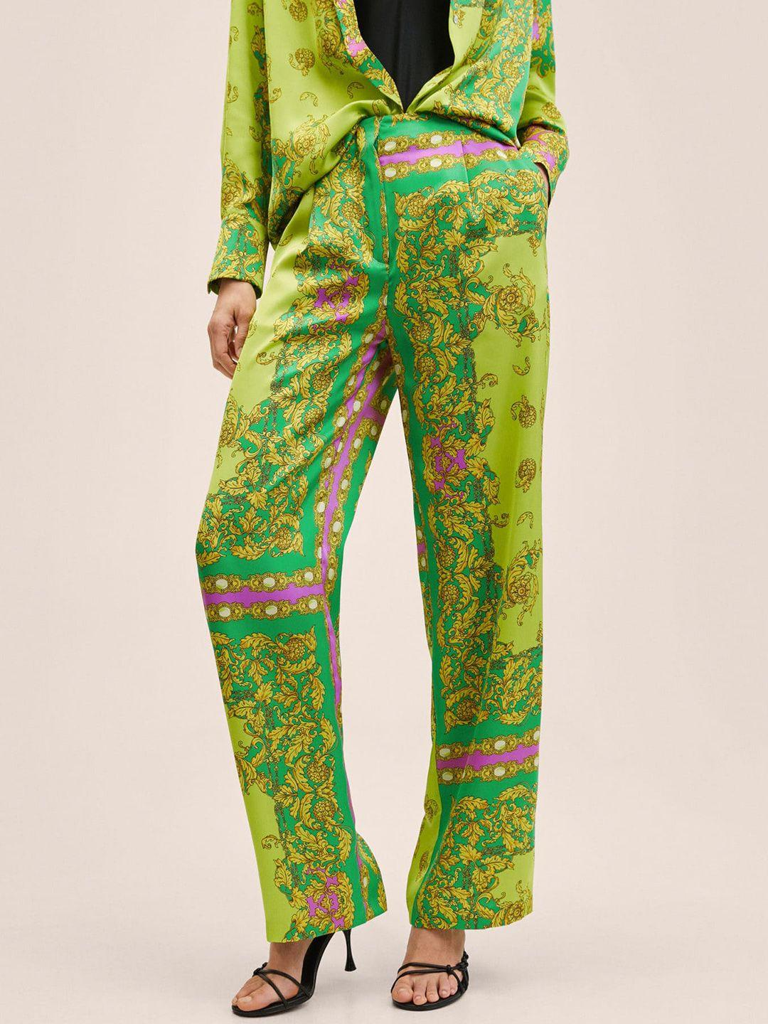 mango women green & pink ethnic motifs printed trousers