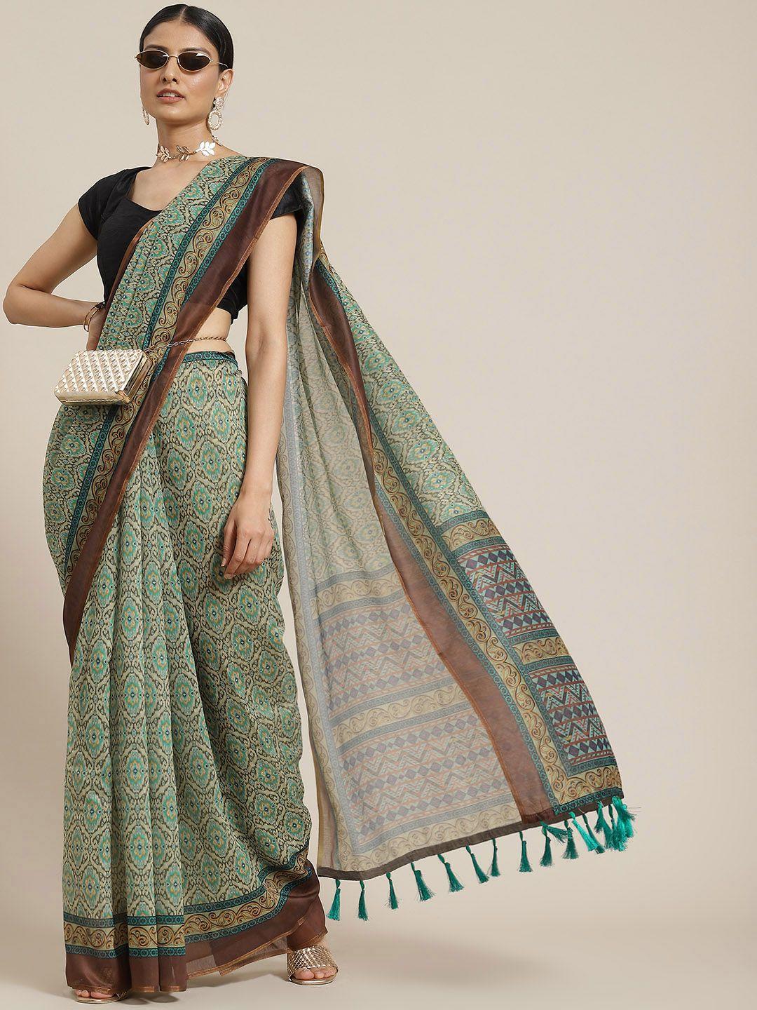 silk land green & brown kalamkari block print saree