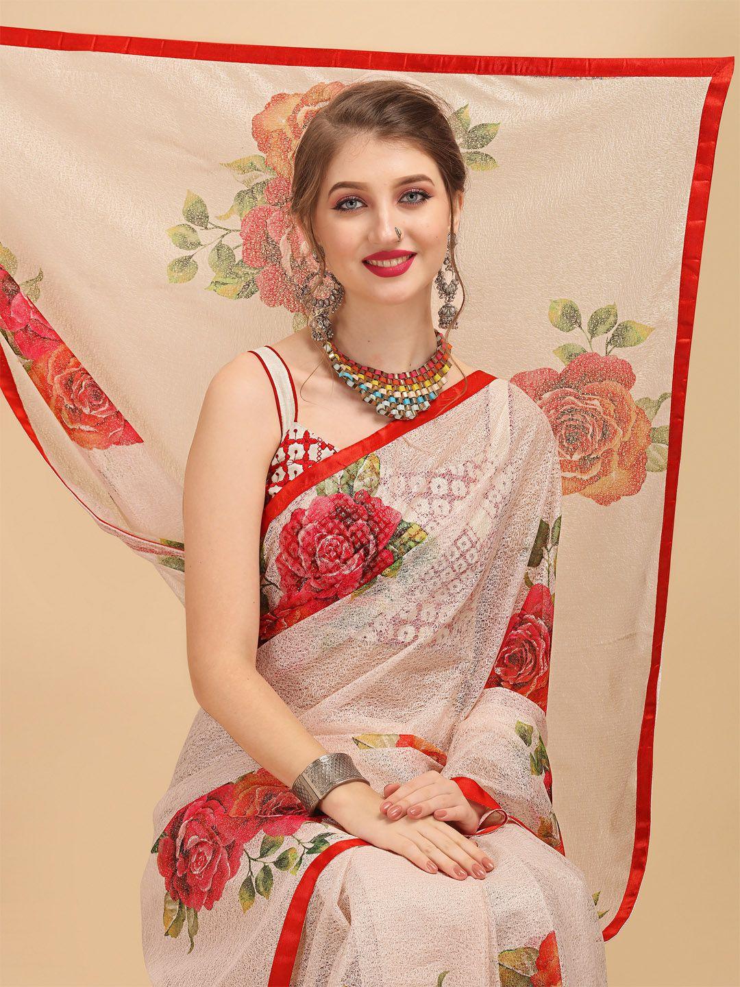 sangria off white & red floral lace party saree