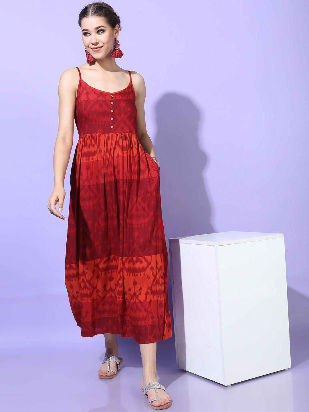 vishudh red printed midi dress