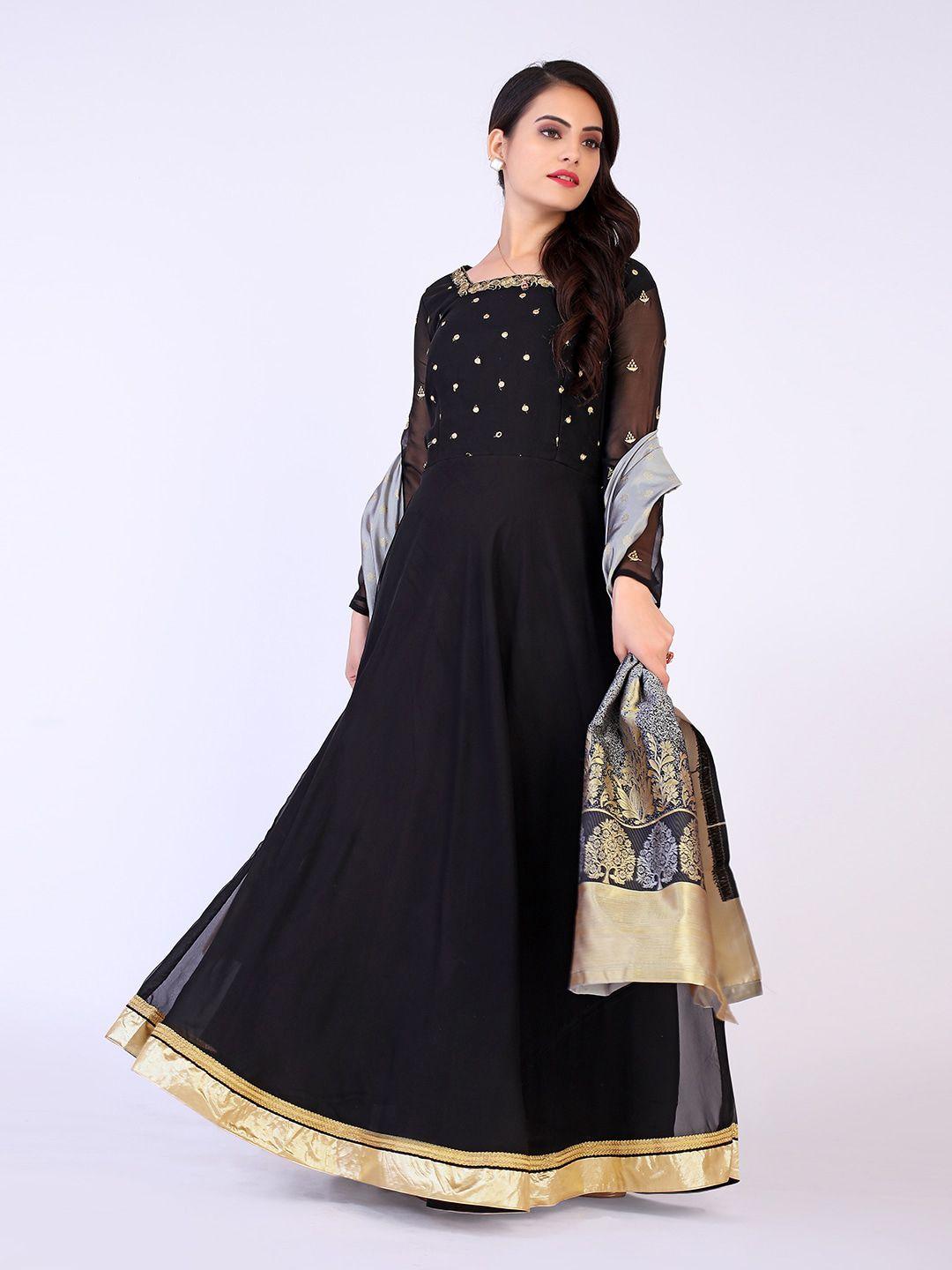 prenea black & gold-toned ethnic motifs embroidered georgette maxi dress