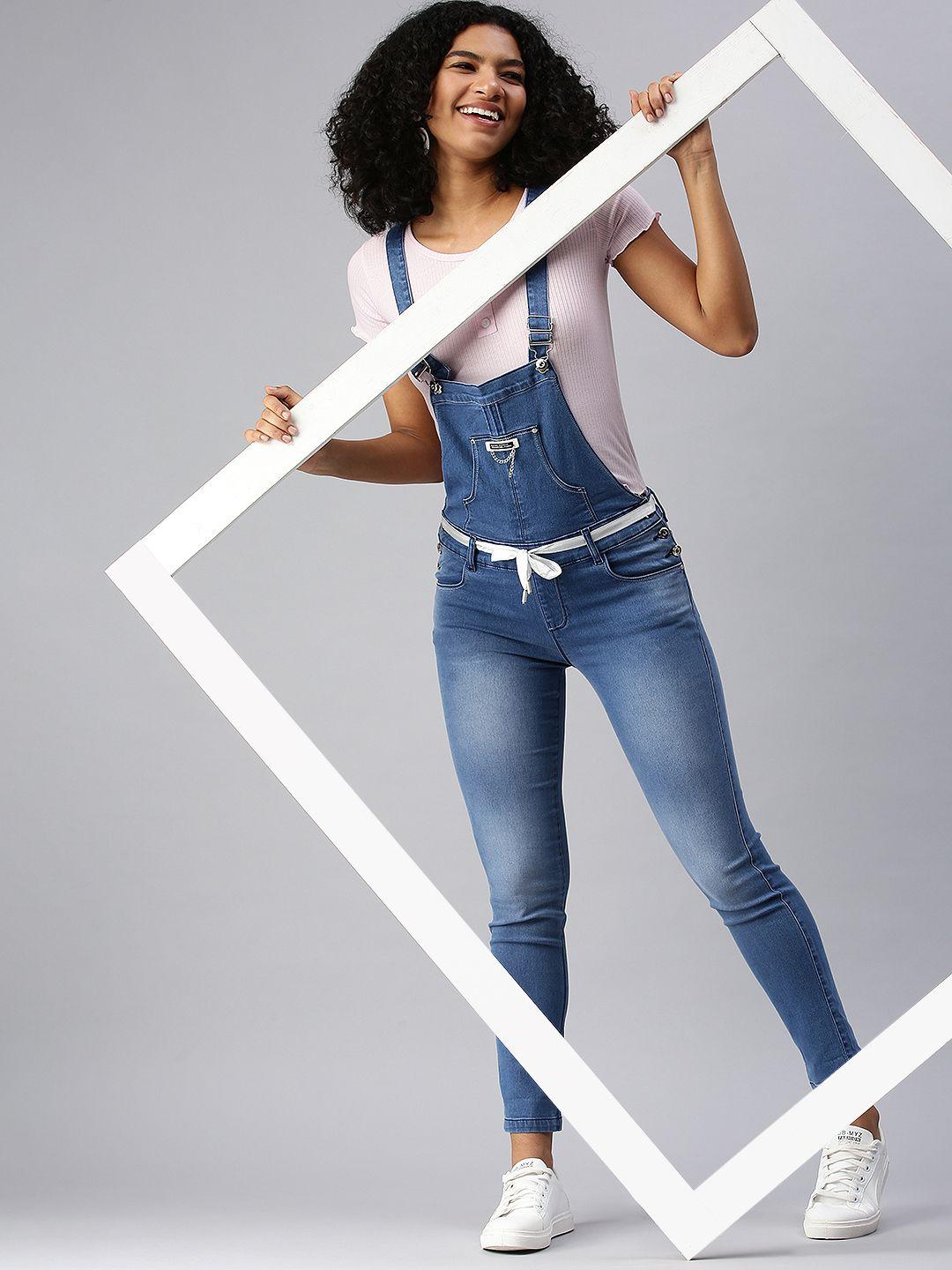 showoff women blue solid denim dungarees