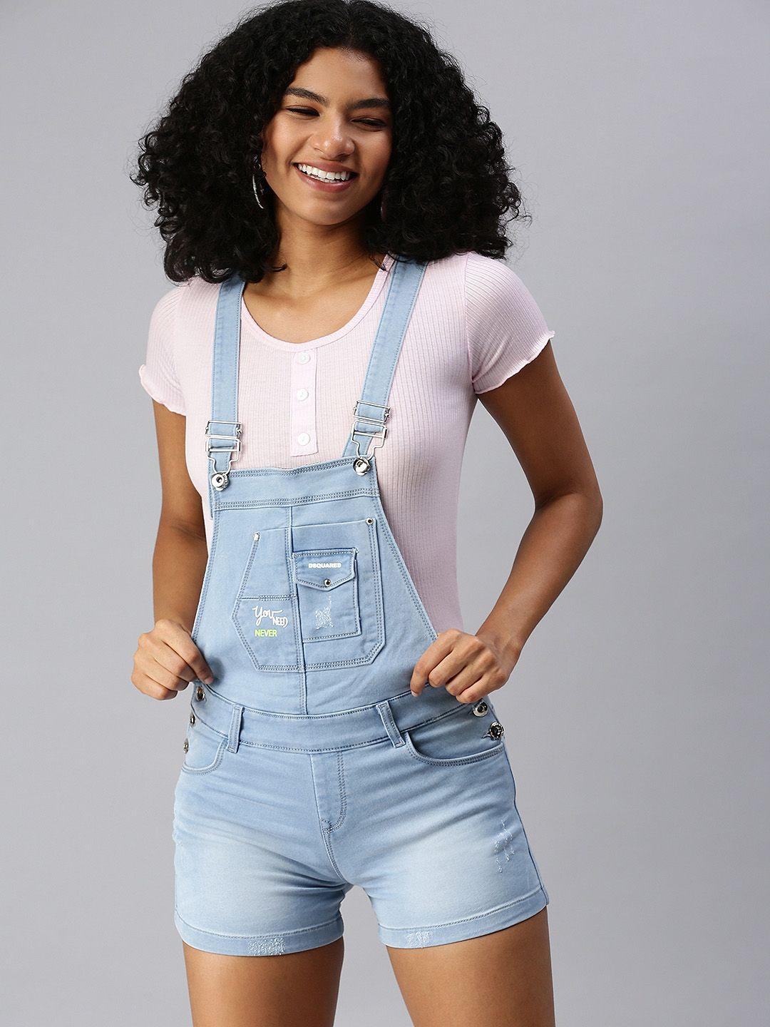 showoff women's solid blue denim dungaree