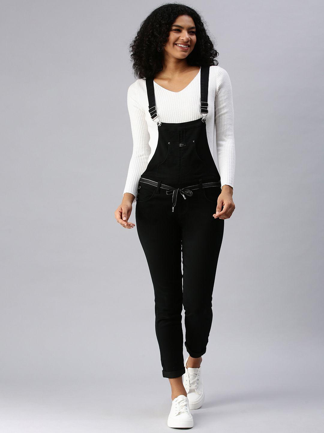 showoff women black solid denim dungarees