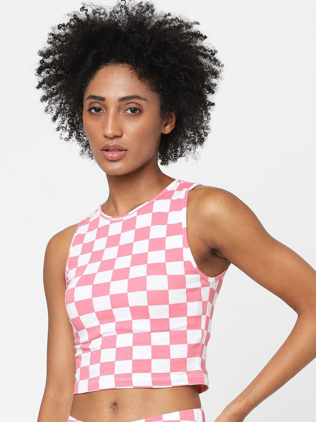 only women pink & white geometric print crop top