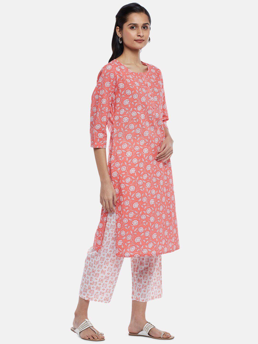 rangmanch by pantaloons women peach-coloured & white pure cotton kurta with trousers