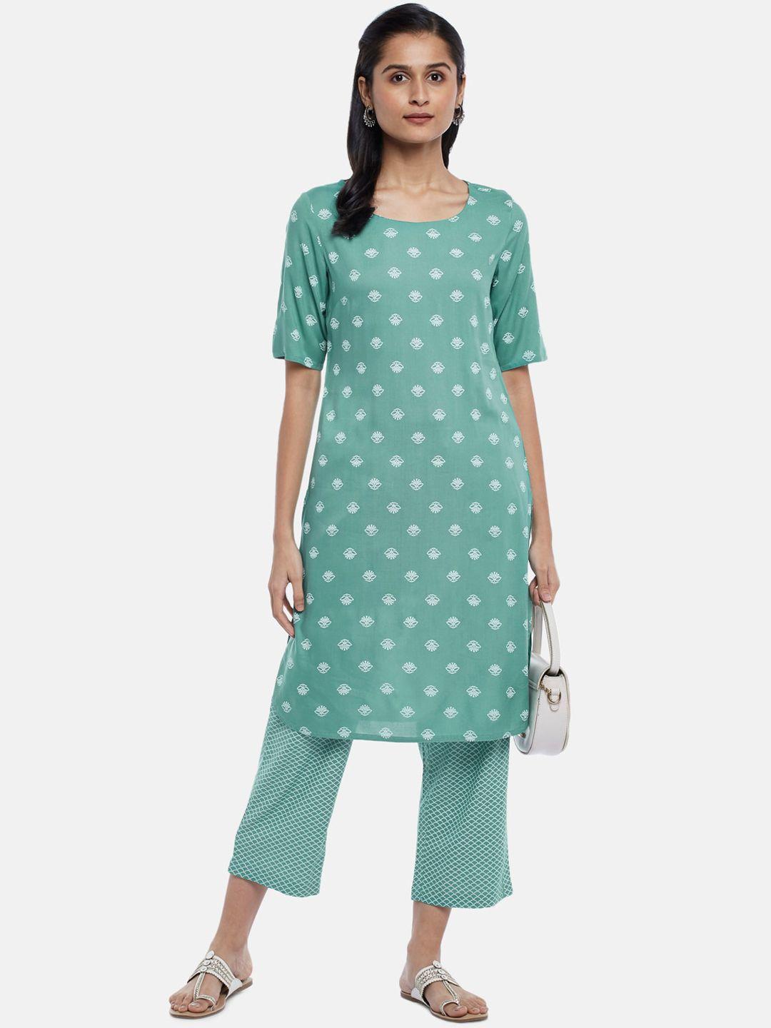 rangmanch by pantaloons women green ethnic motifs embroidered thread work kurti with trousers