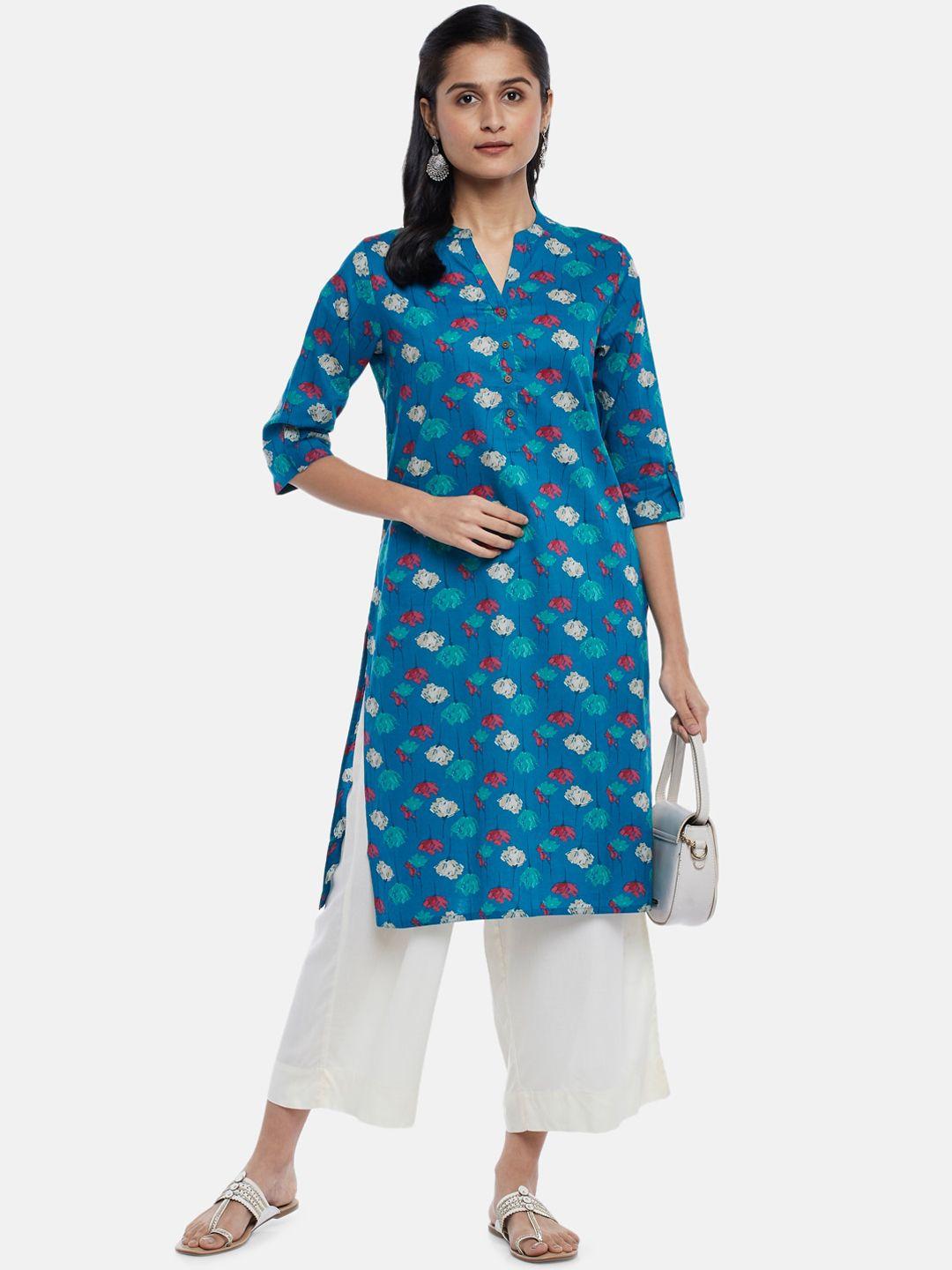 rangmanch by pantaloons women blue & red floral printed cotton straight kurta