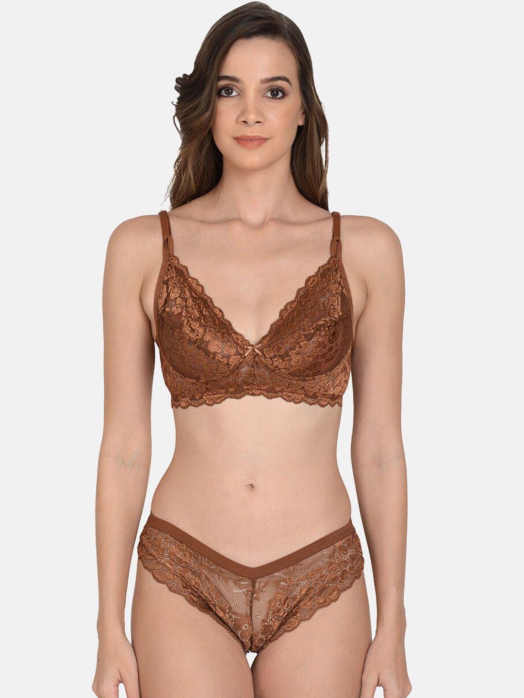 mod & shy women brown solid lingerie set ms443