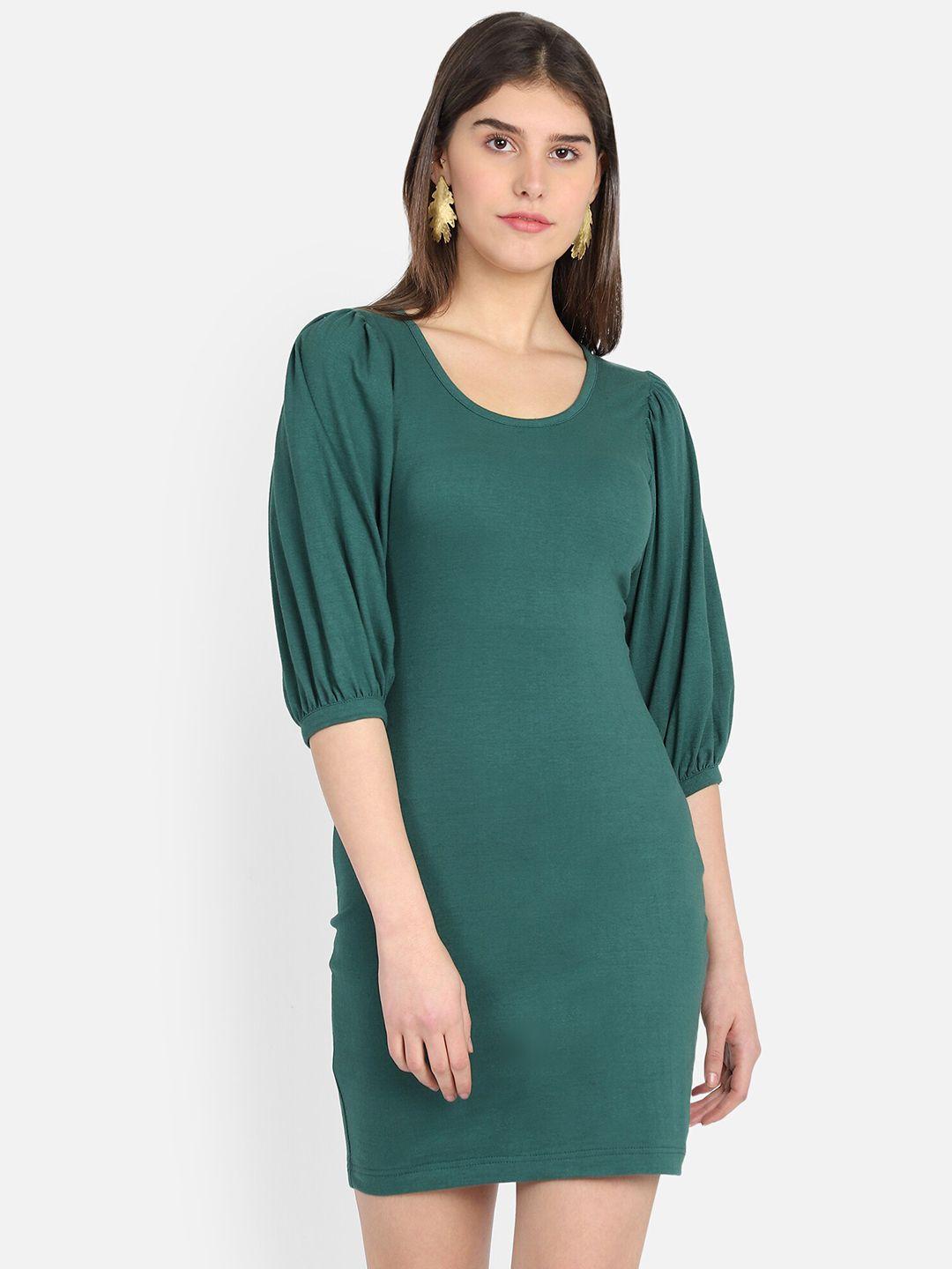 marzeni women green solid cotton bodycon dress