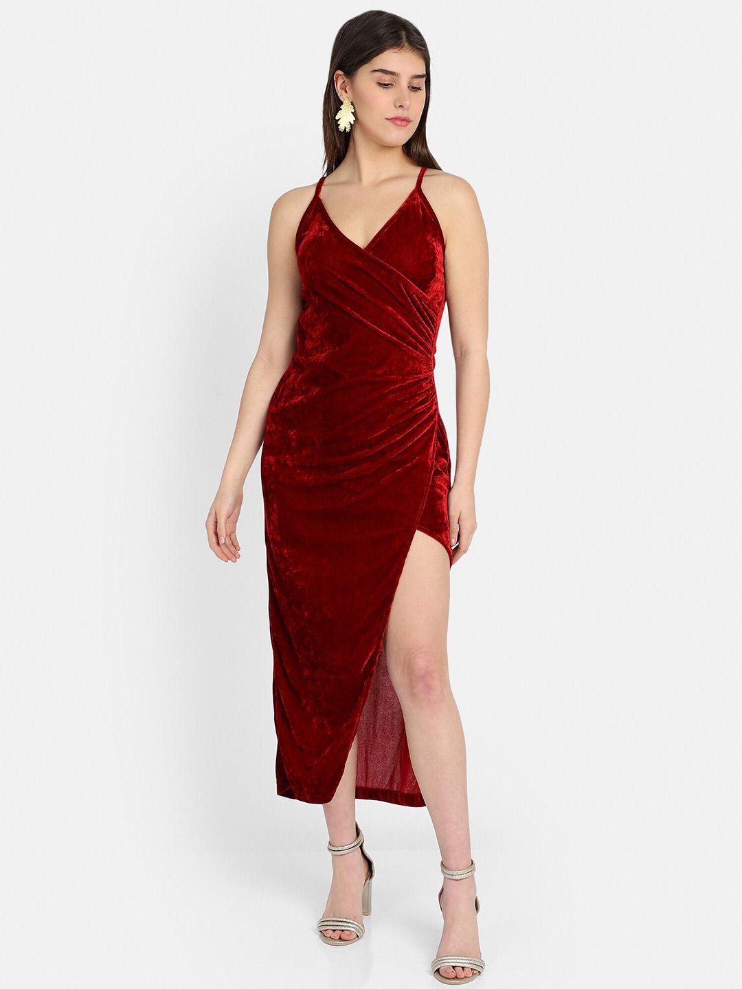 marzeni maroon velvet wrap midi dress