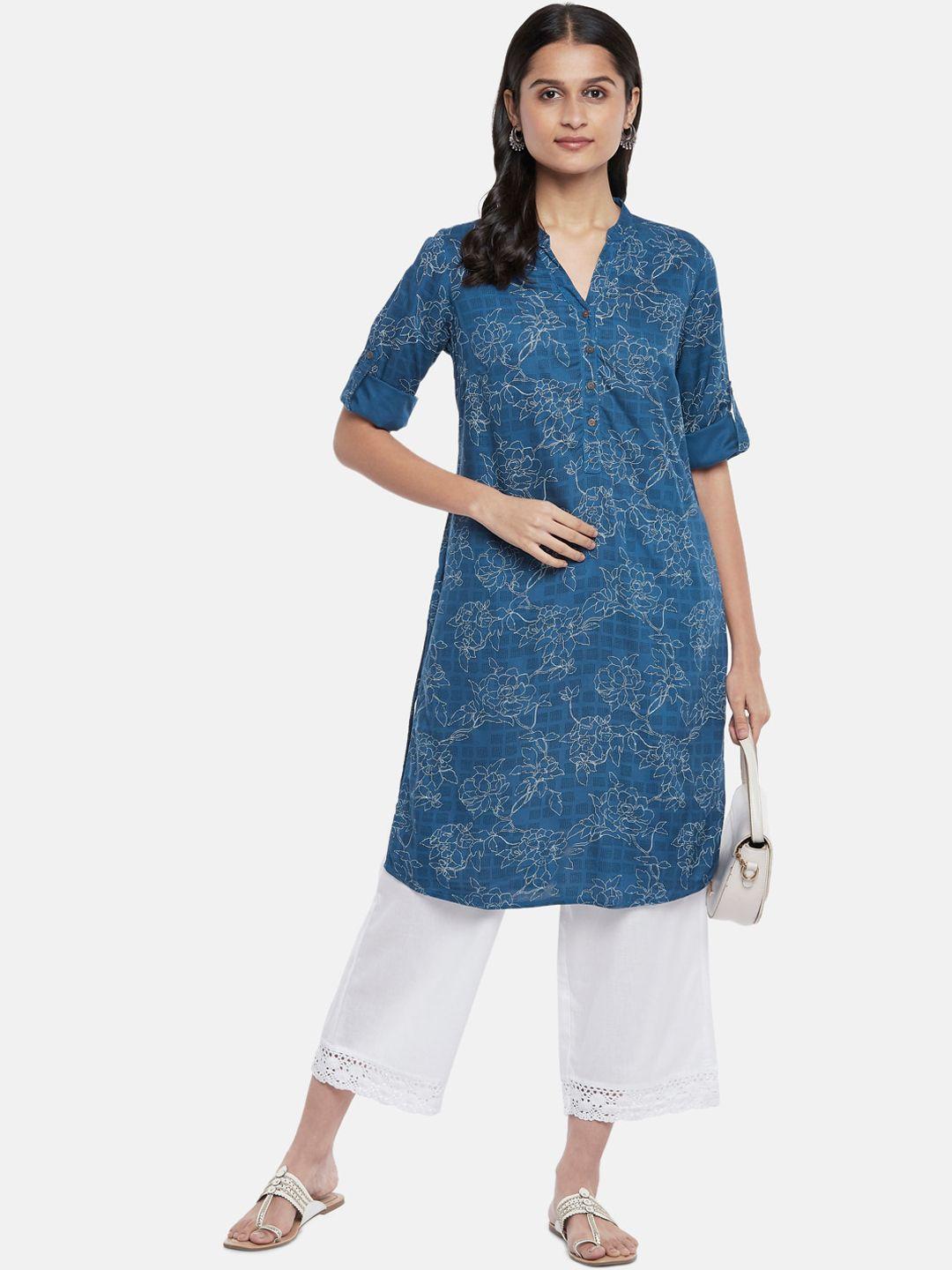 rangmanch by pantaloons women blue floral printed straight kurta