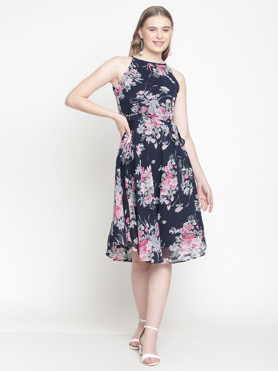 coastland women navy blue floral printed fit & flare georgette dress