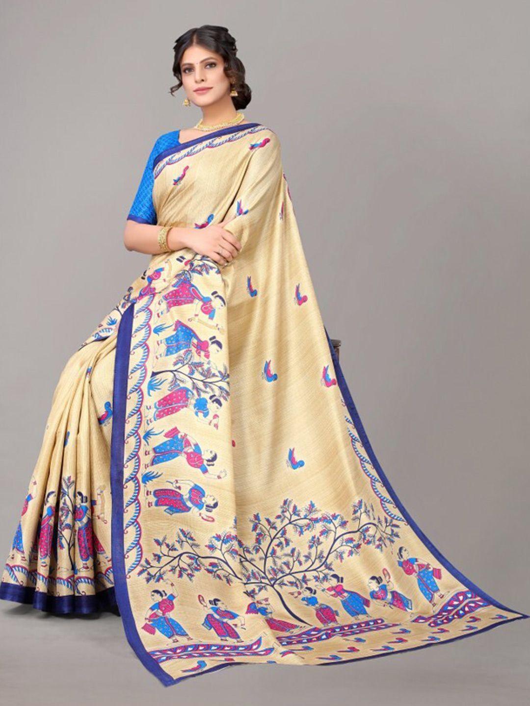 yashika cream-coloured & blue ethnic motifs art silk saree