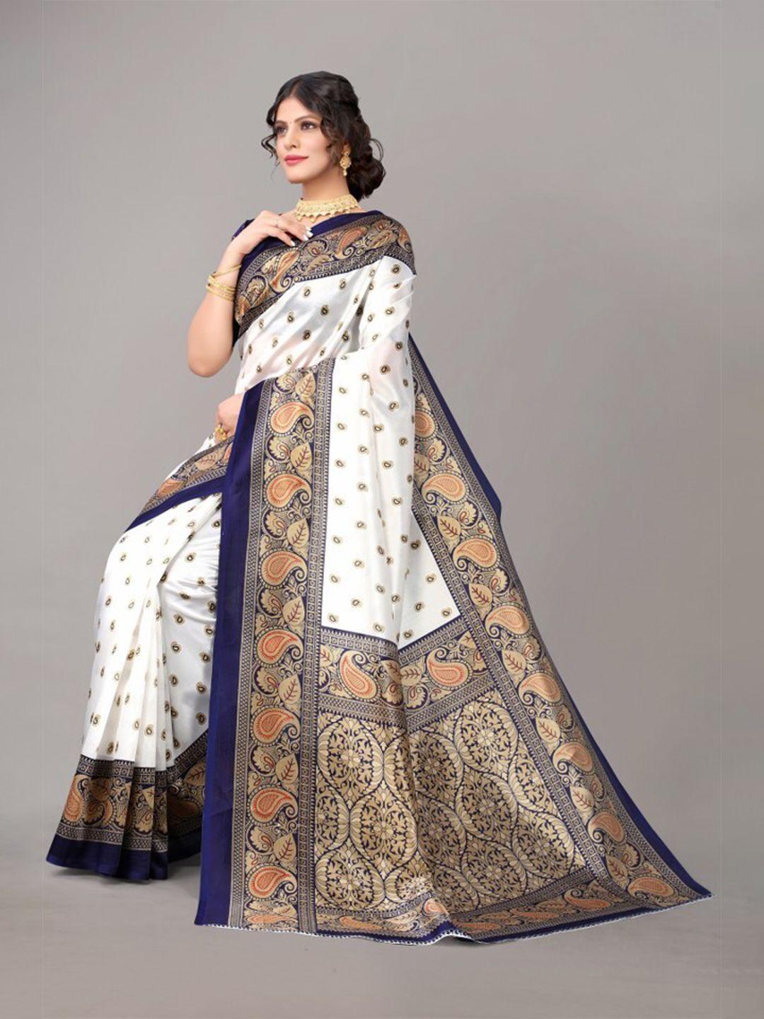 yashika navy blue & white paisley art silk khadi saree