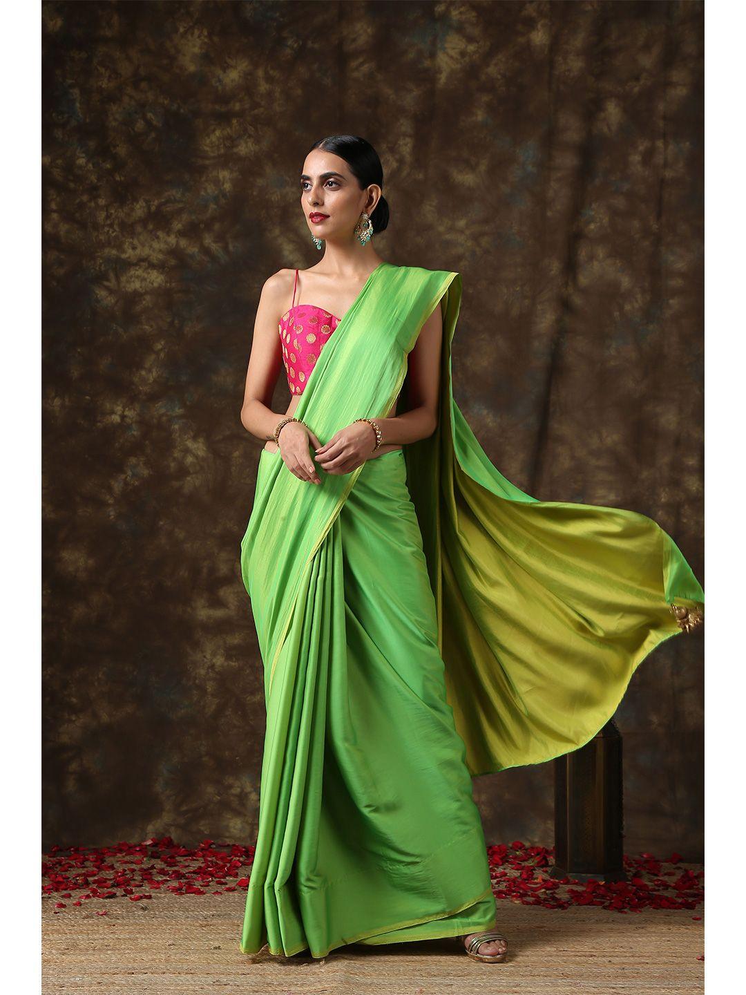 swtantra lime green & pink satin saree