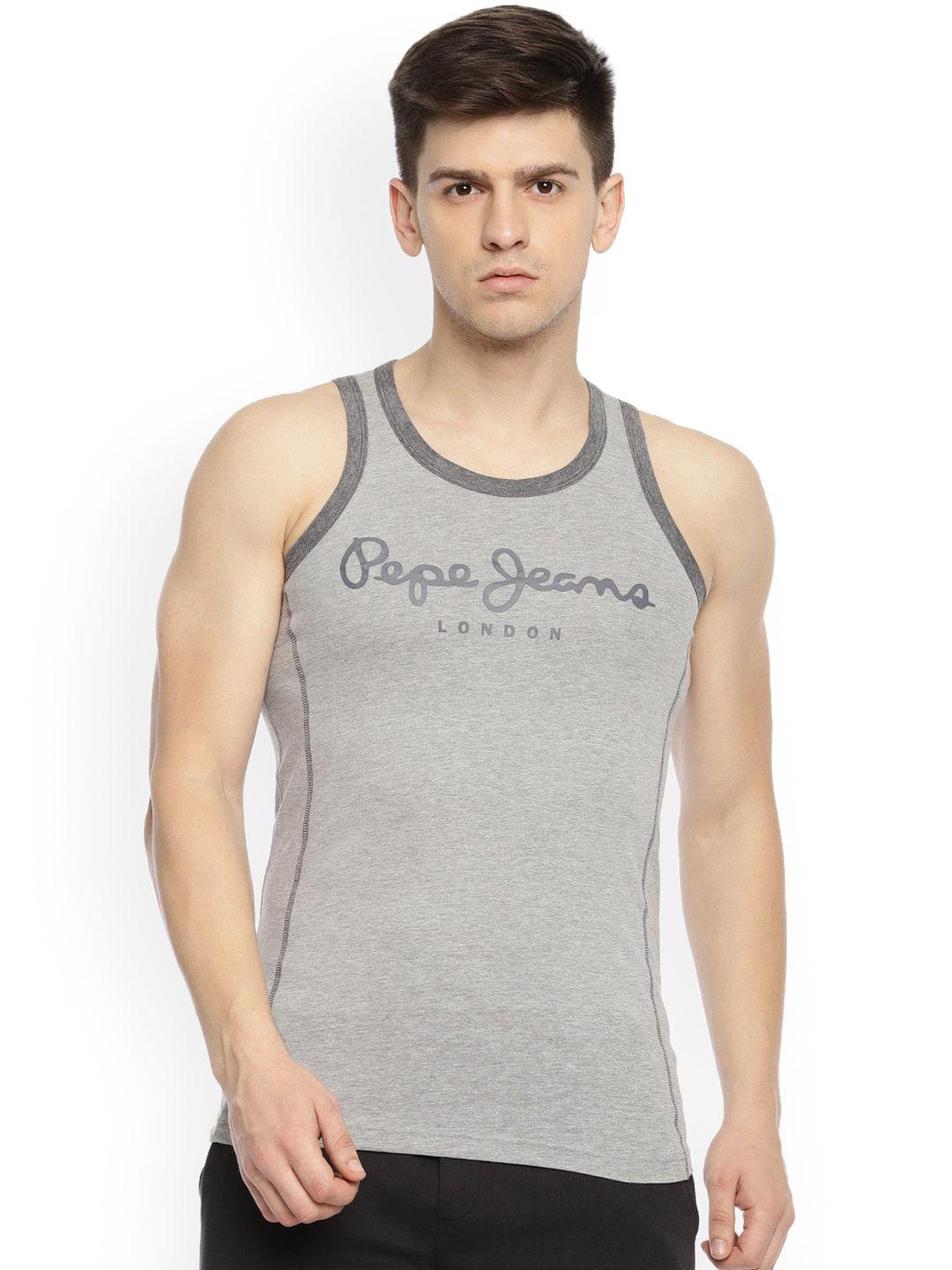 pepe jeans men grey melange solid pure cotton innerwear vest