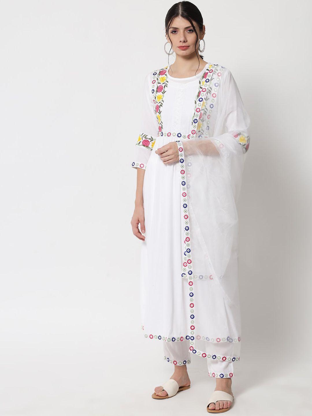 meeranshi women white floral panelled thread work kurti with trousers & with dupatta