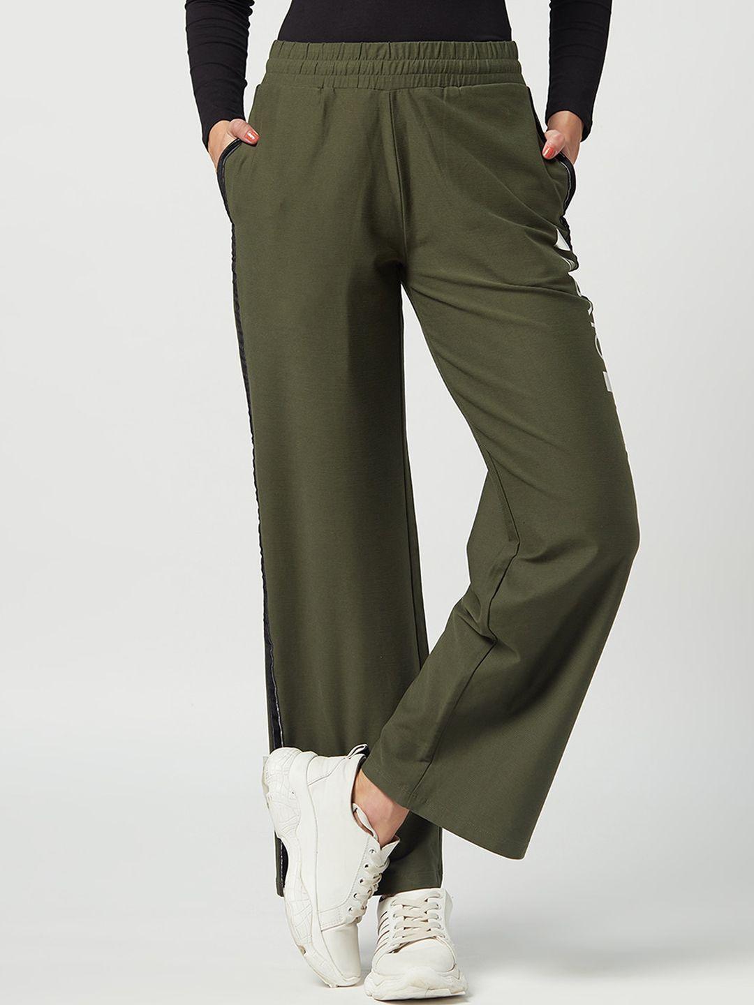 edrio women olive green printed pure cotton relaxed fit track pants