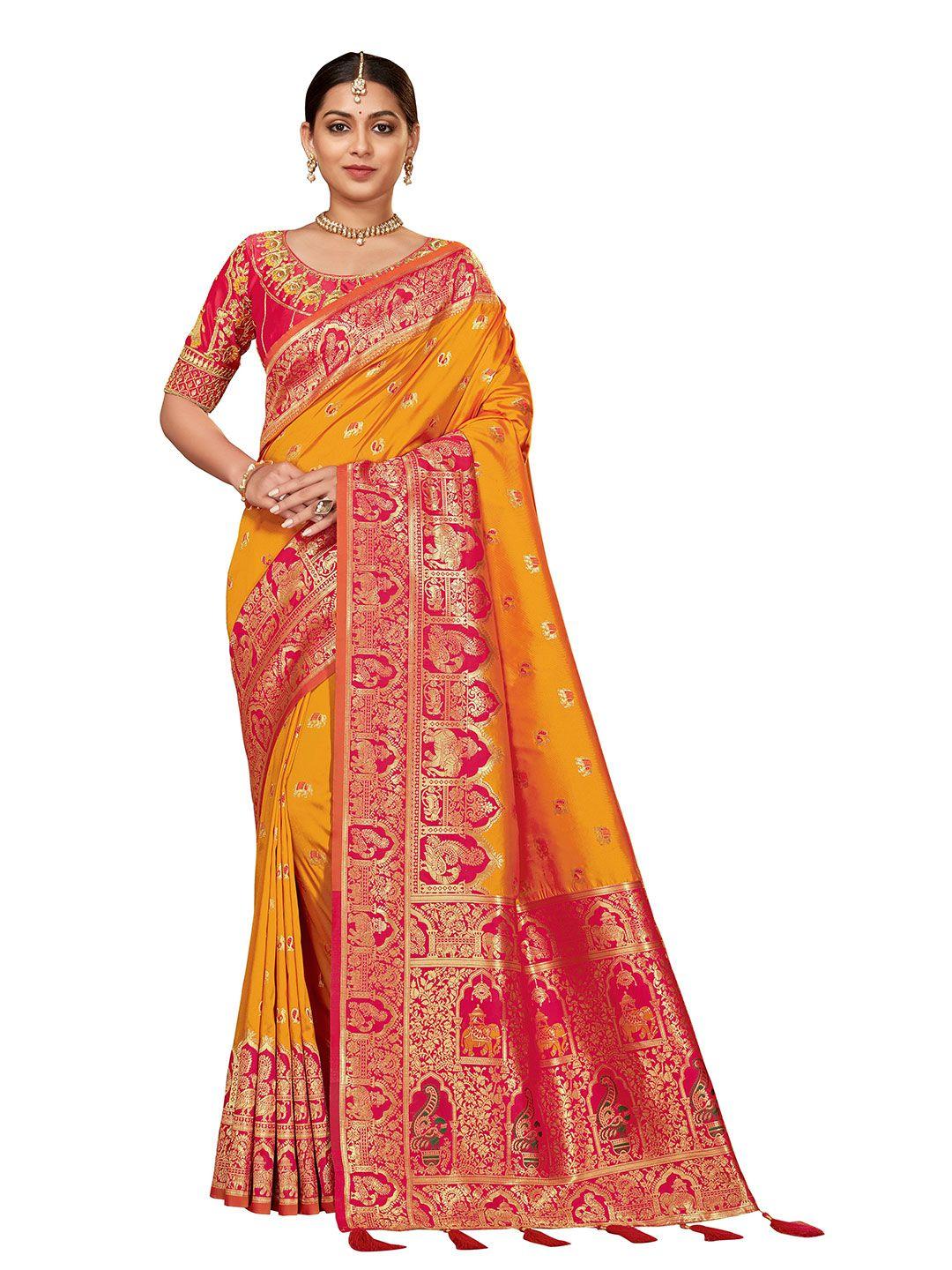 manohari yellow & red woven design silk blend banarasi saree