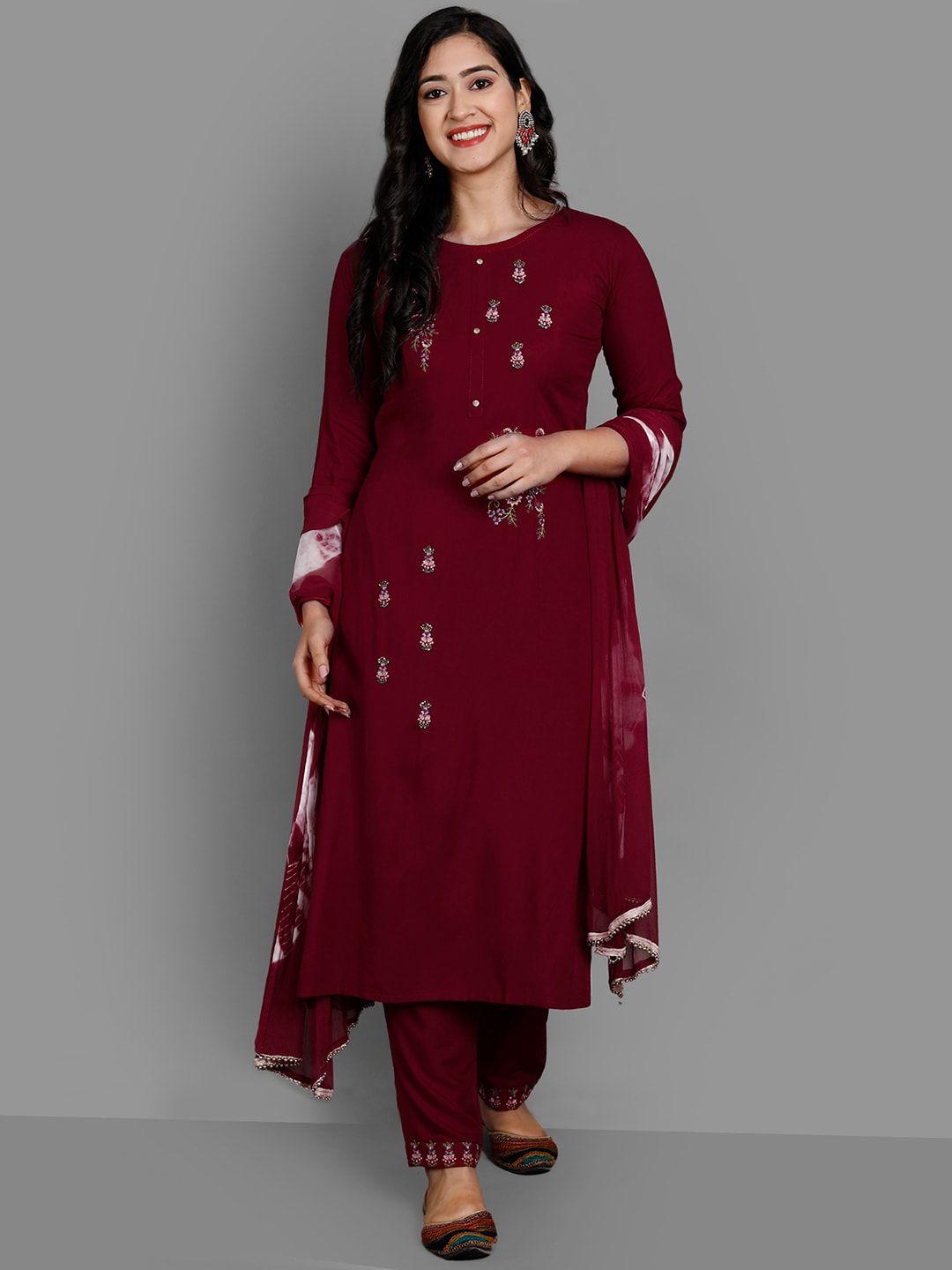 ziva fashion women red embroidered panelled kurti with trousers & with dupatta