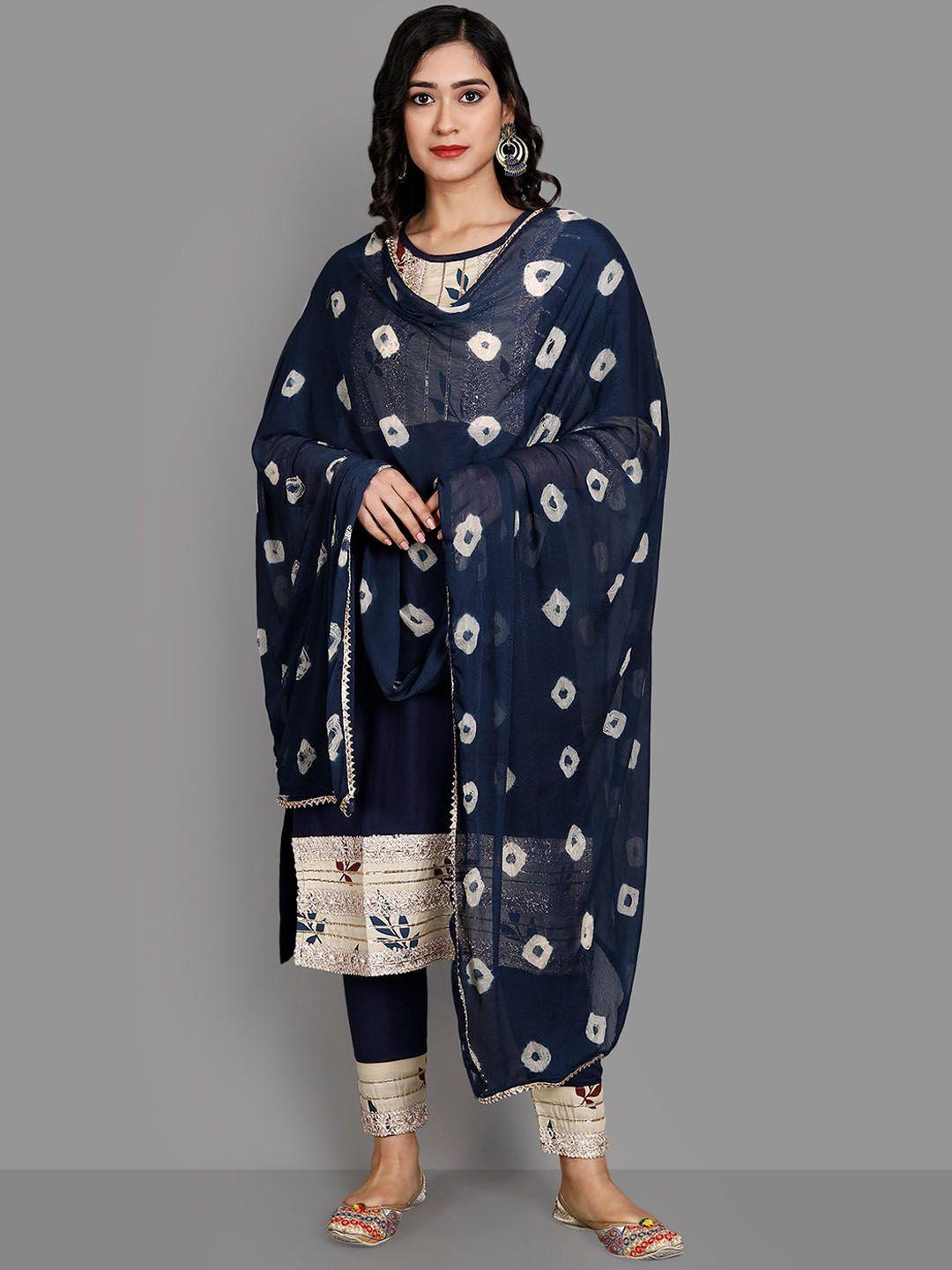 ziva fashion women navy blue embroidered panelled kurti with trousers