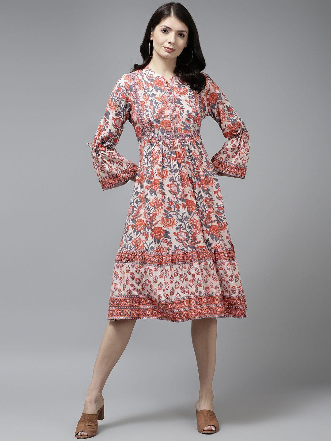 rain & rainbow off white & rust orange ethnic motifs printed a-line midi dress