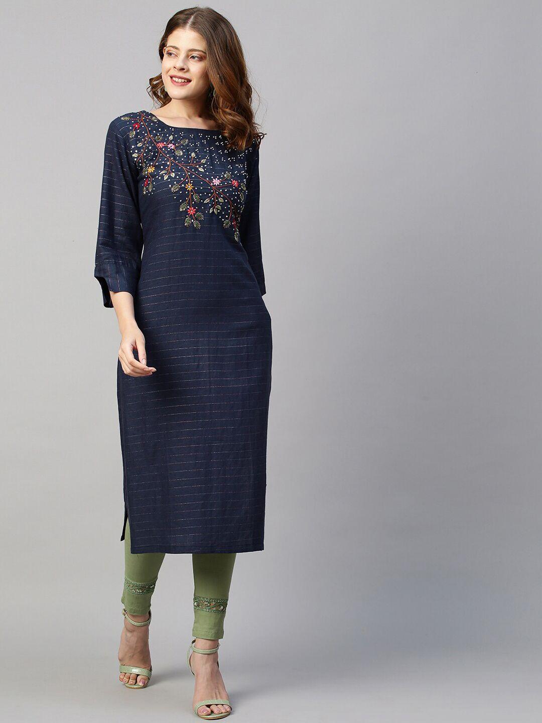 fashor women navy blue geometric yoke design keyhole neck flared sleeves kurta