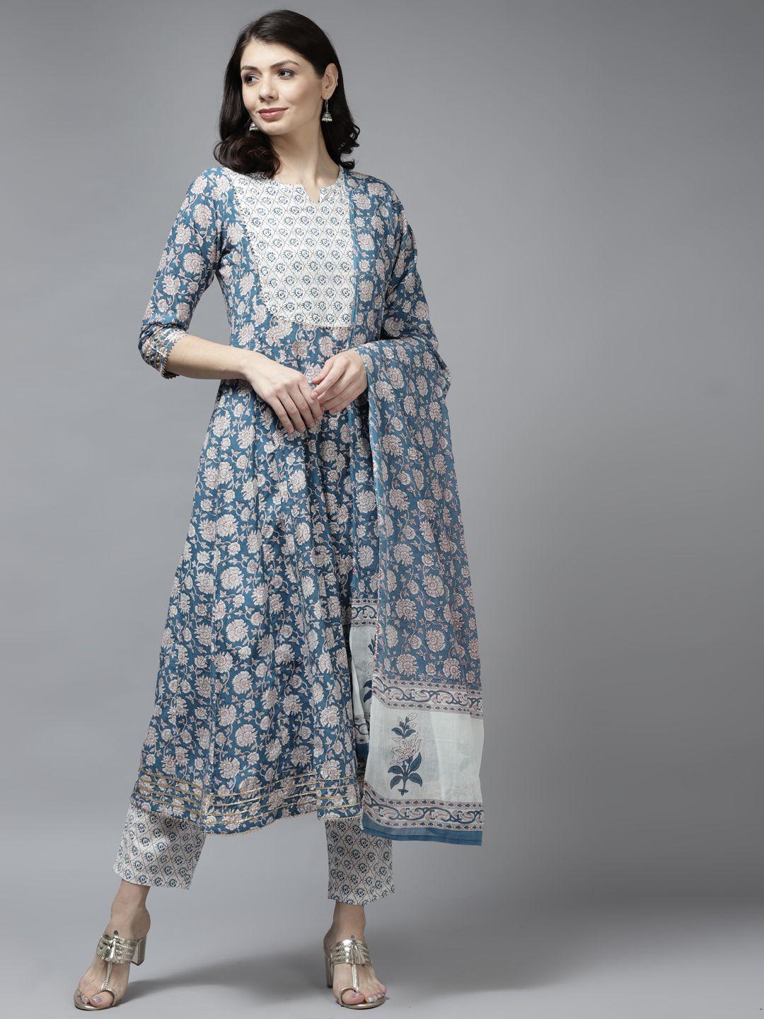 yufta women navy blue floral printed sequinned pure cotton kurta with palazzos & with dupatta