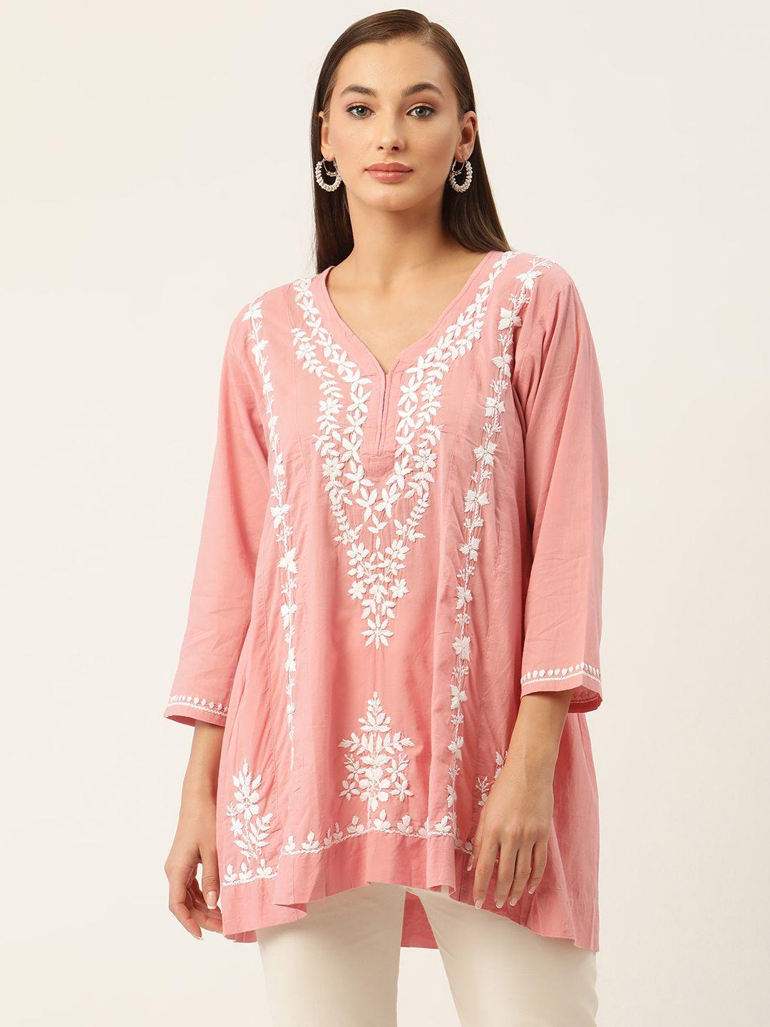 house of kari pink & white chikankari embroidered tunic