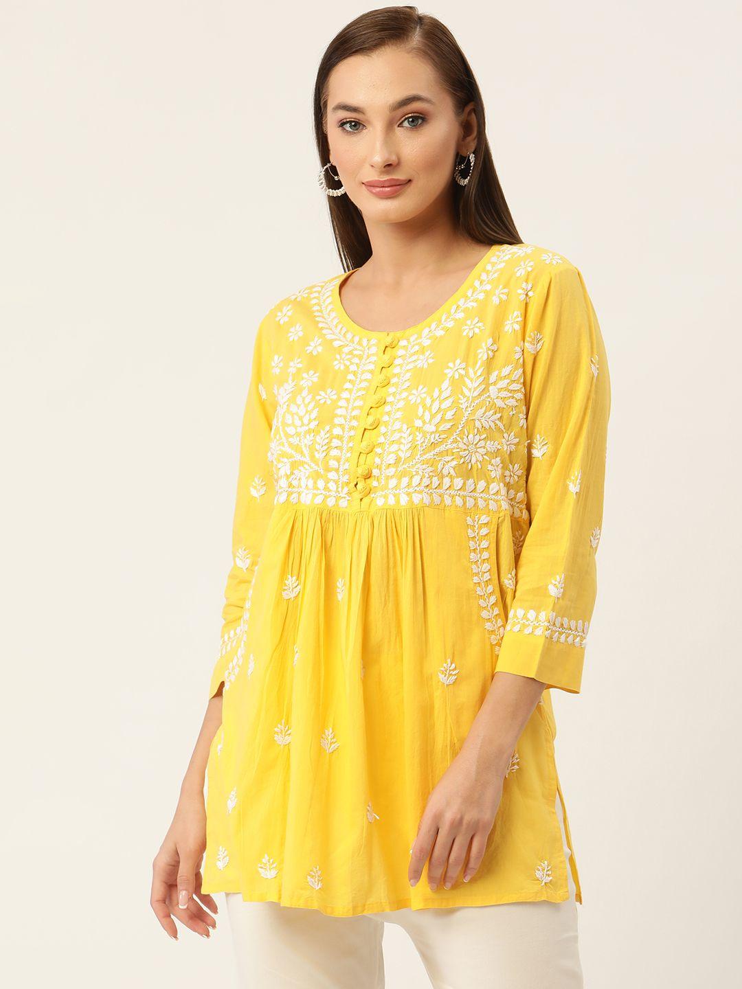 house of kari yellow & white chikankari embroidered tunic