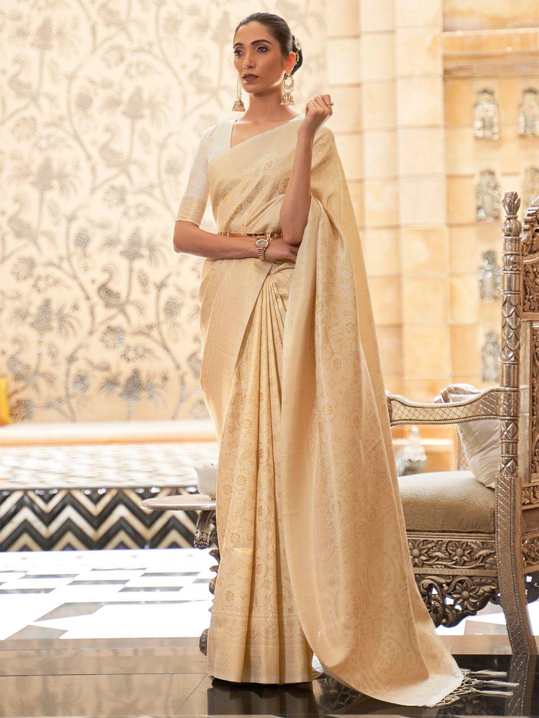 mitera cream-coloured floral zari silk blend banarasi saree