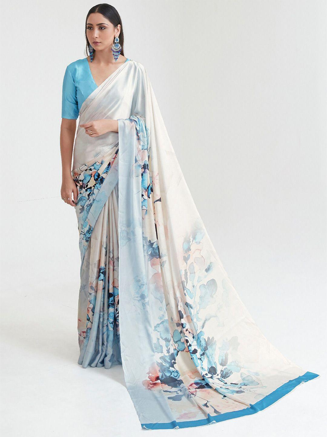 mitera off white & blue floral printed satin saree