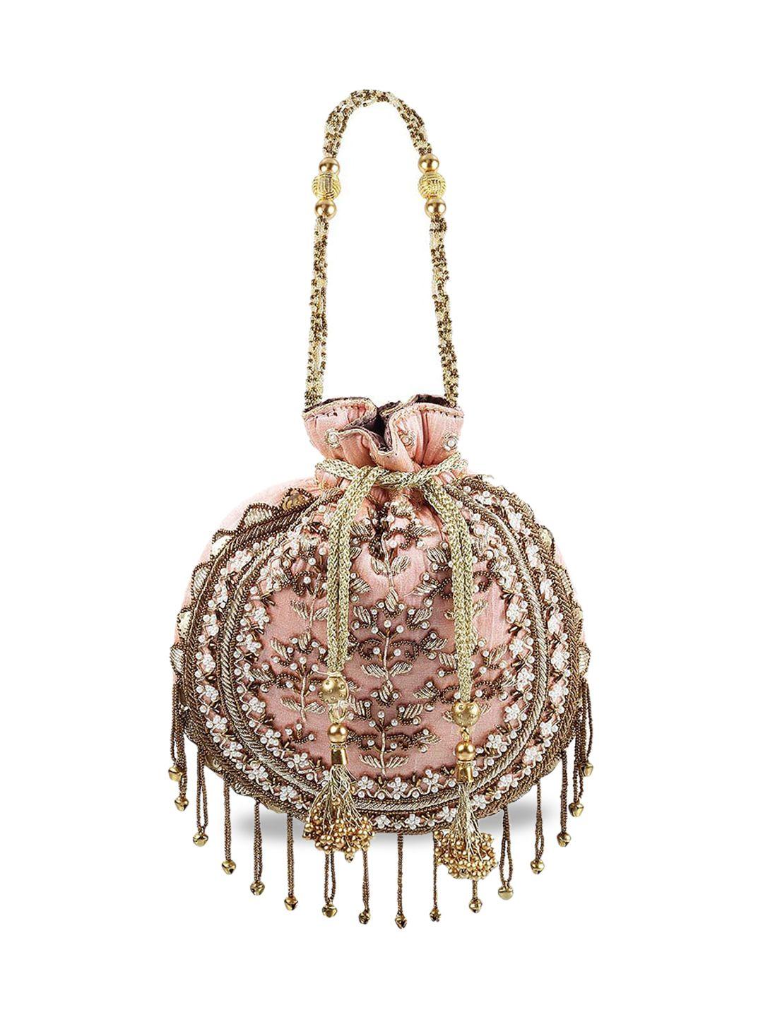 mochi peach-coloured printed bucket tote bag with cut work