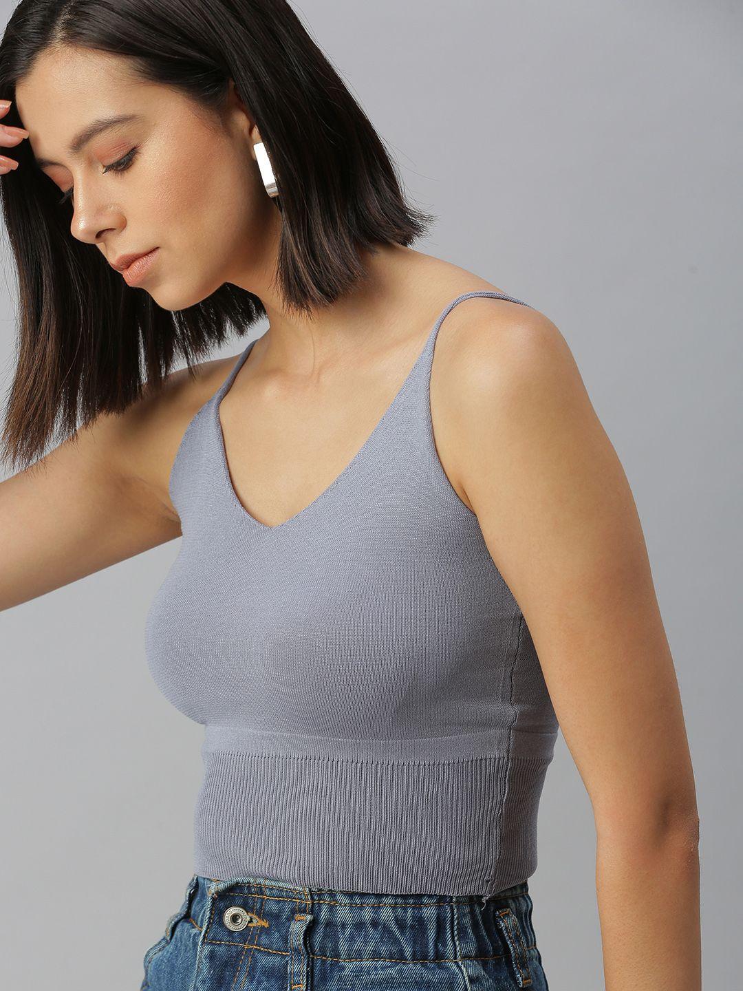 showoff women grey v-neck crop top