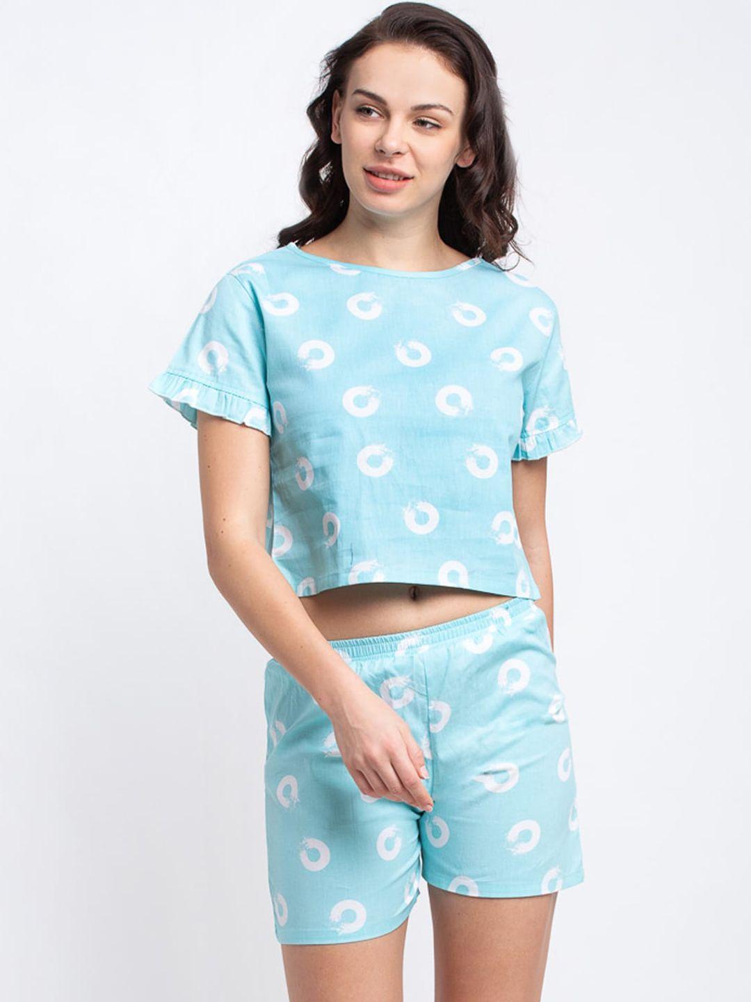 boston club women turquoise blue & white printed night suit