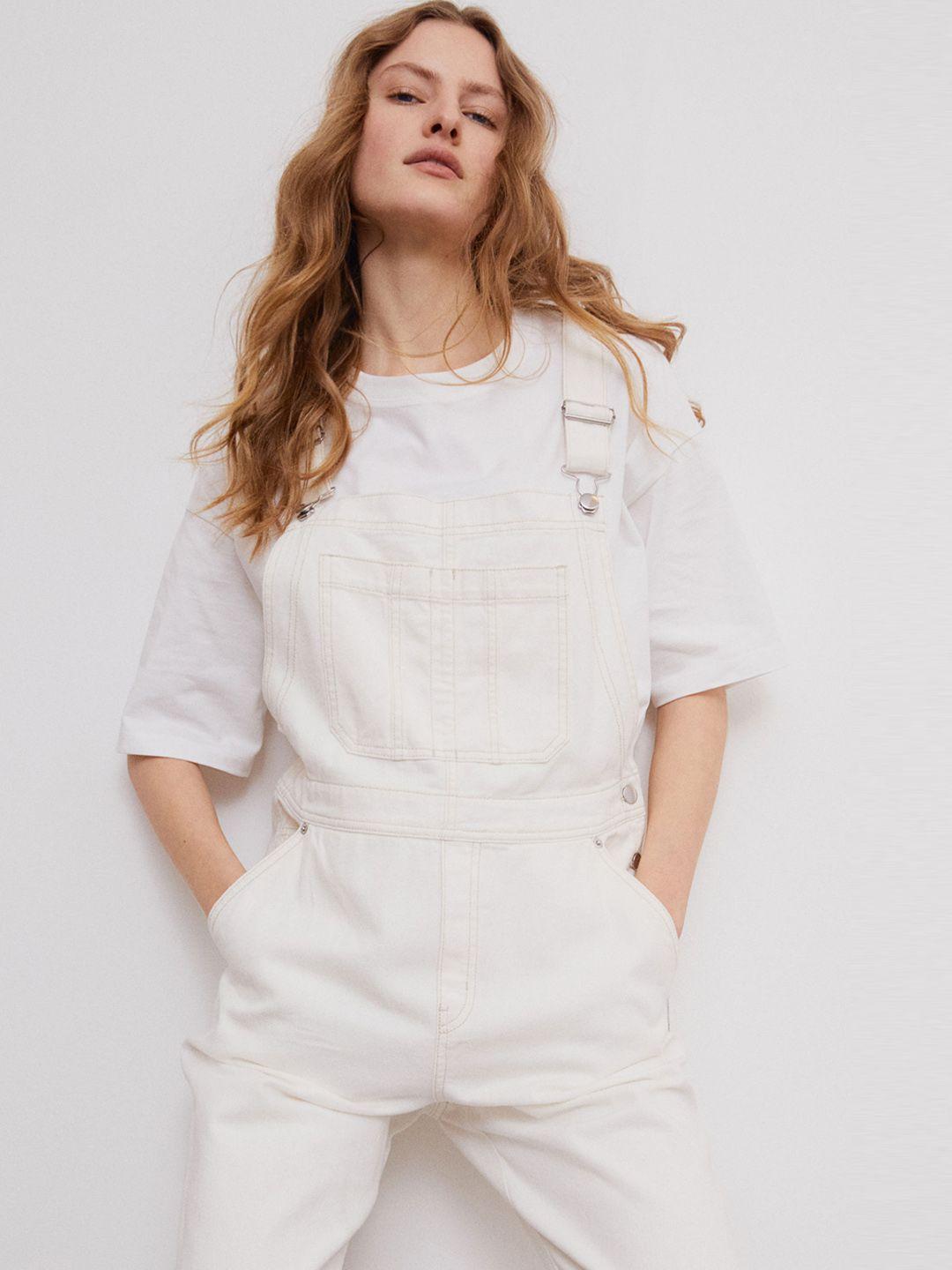 h&m women white solid denim dungarees