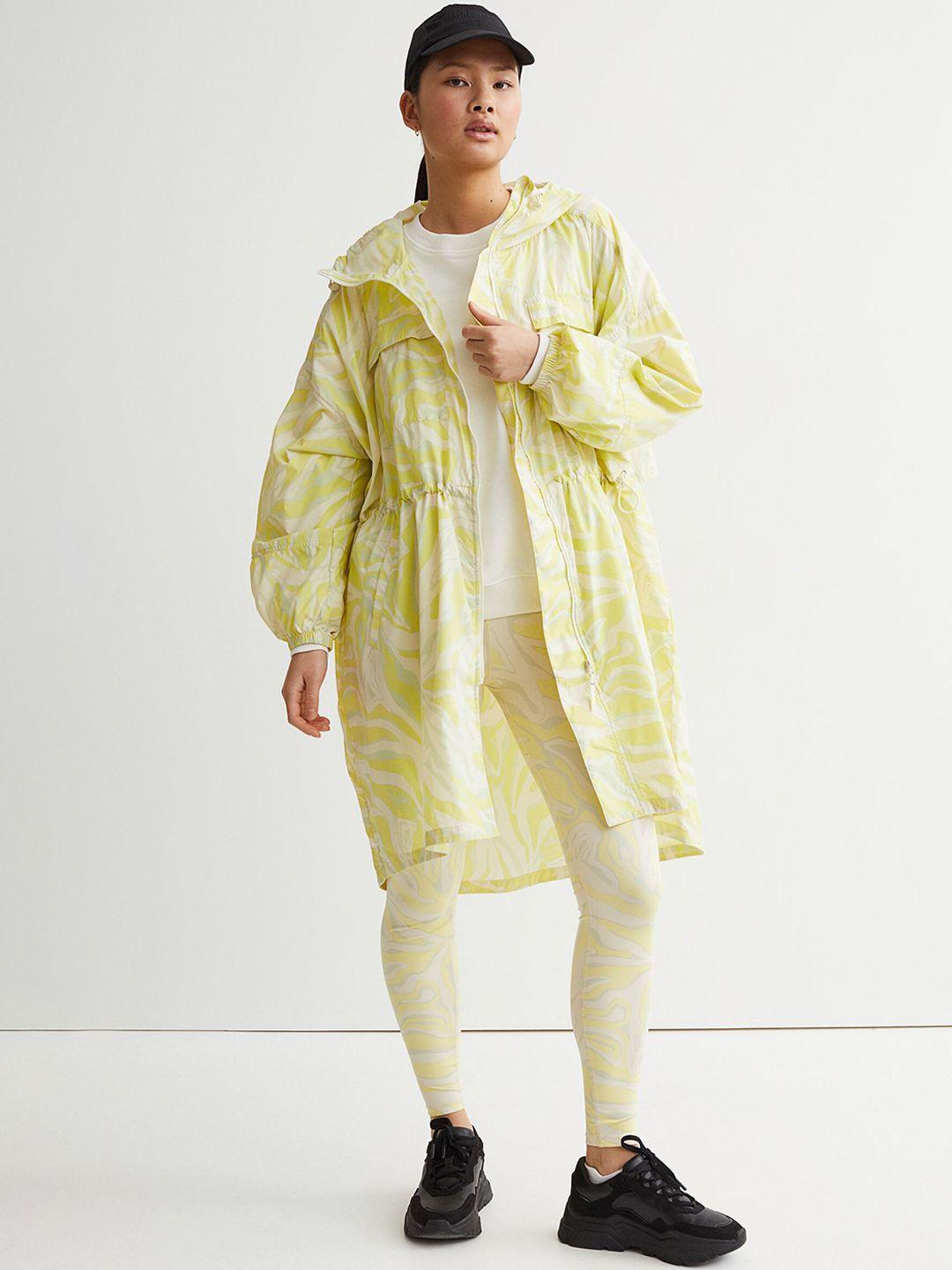 h&m women yellow & grey printed water-repellent parka jacket