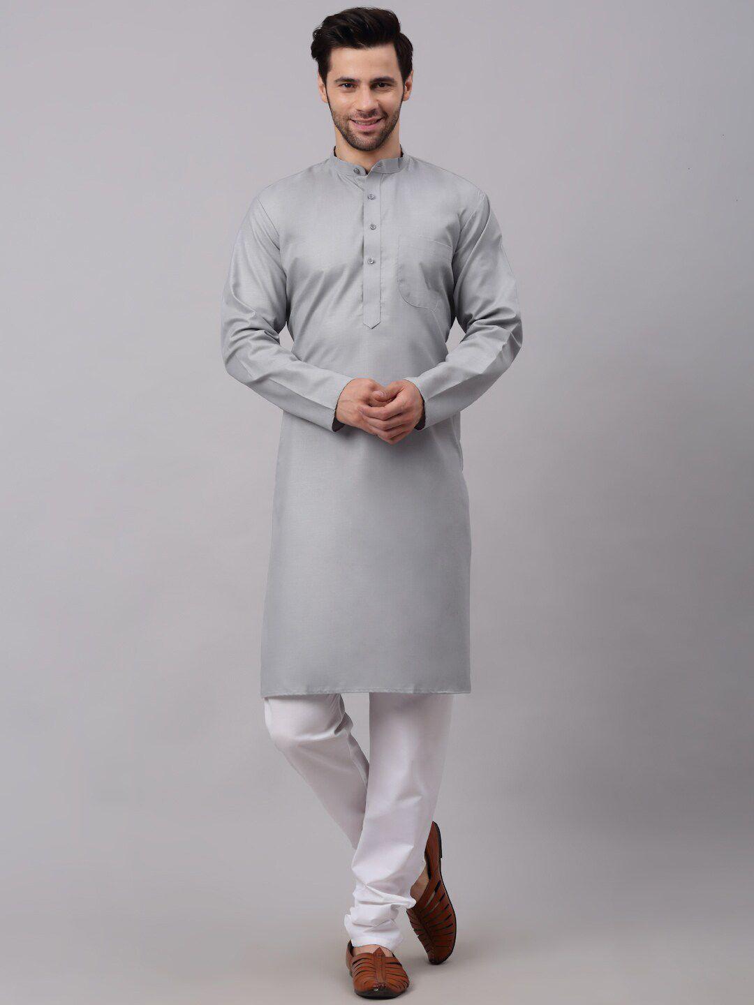 neudis men grey solid cotton long kurta