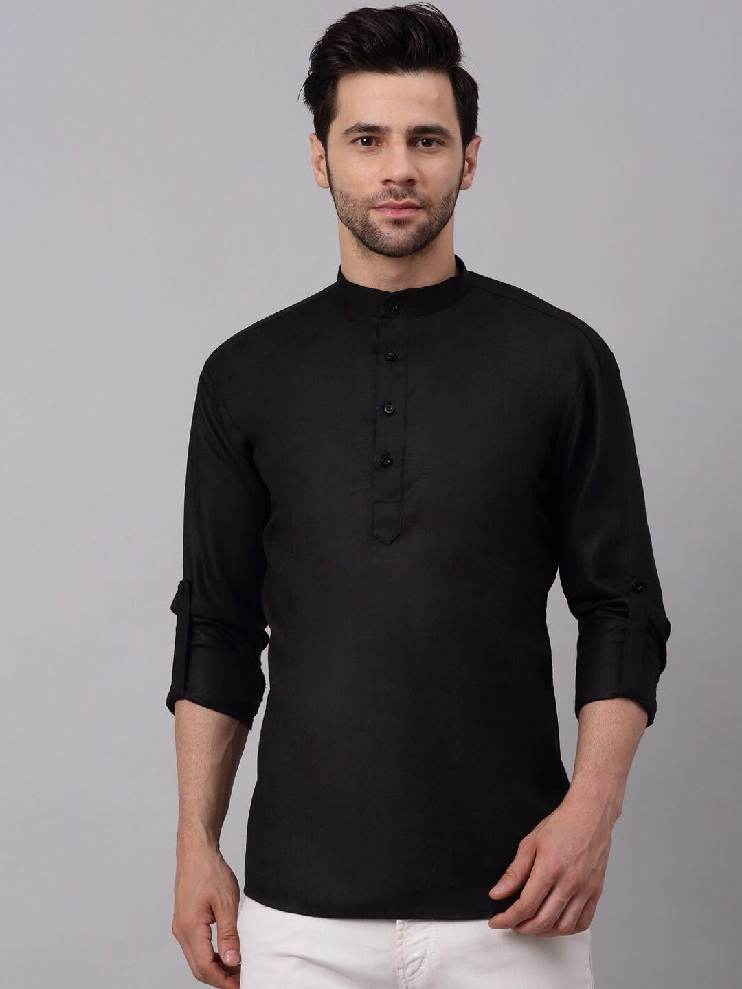 neudis men black solid cotton short kurta for men