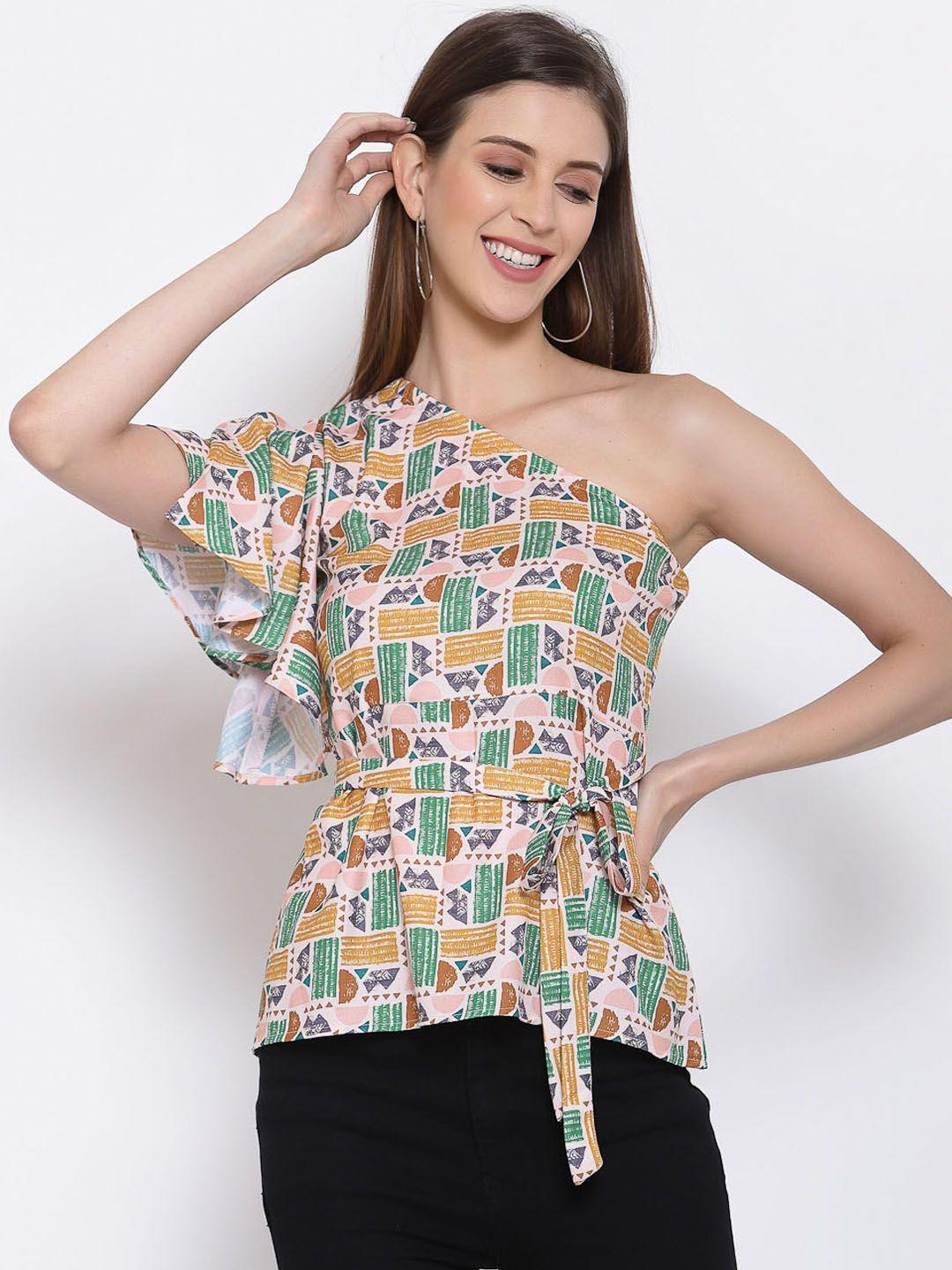 selvia multicoloured floral print one shoulder ruffles crepe cinched waist top