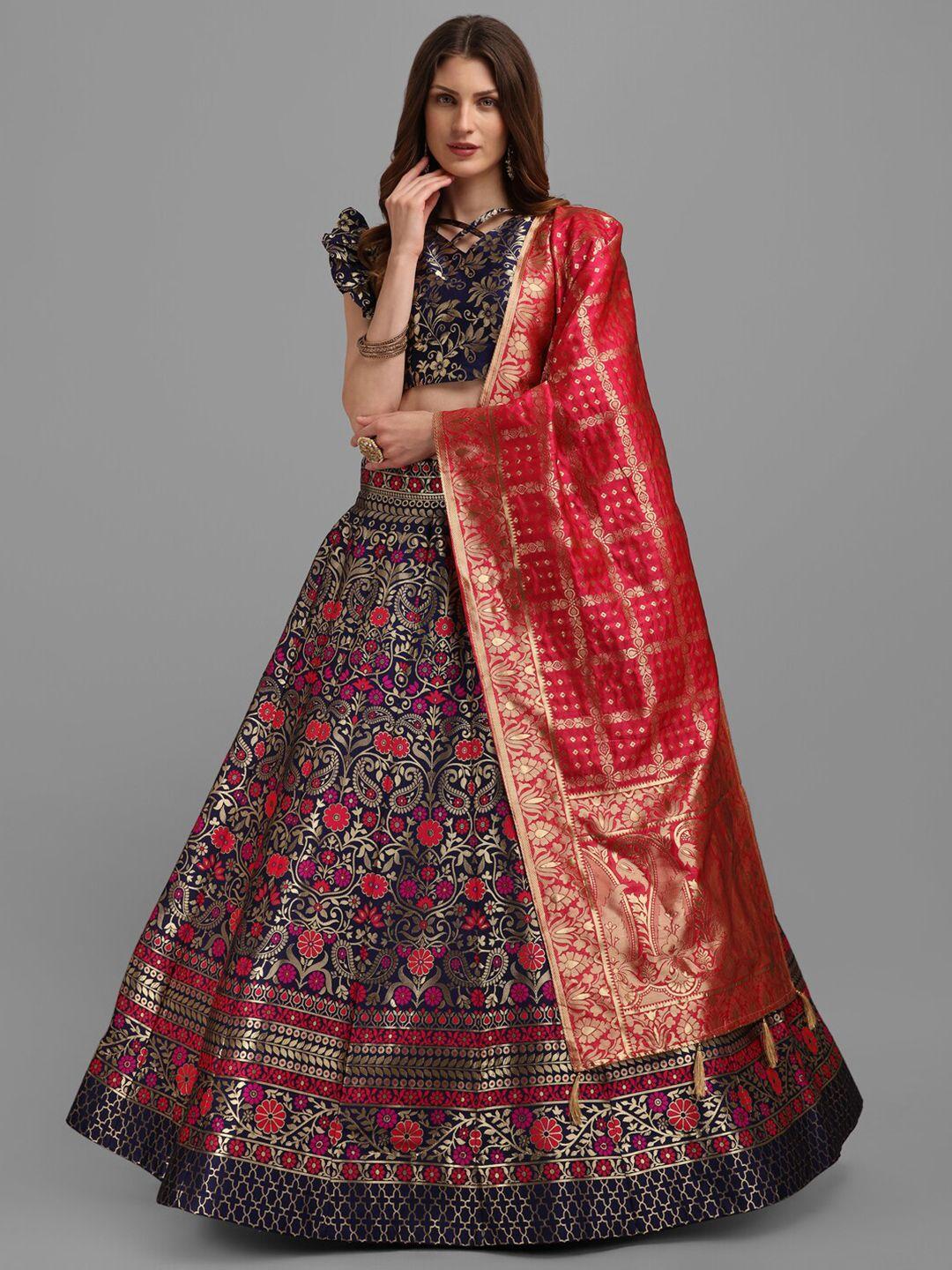 purvaja navy blue & red zardozi semi-stitched lehenga & unstitched blouse with dupatta