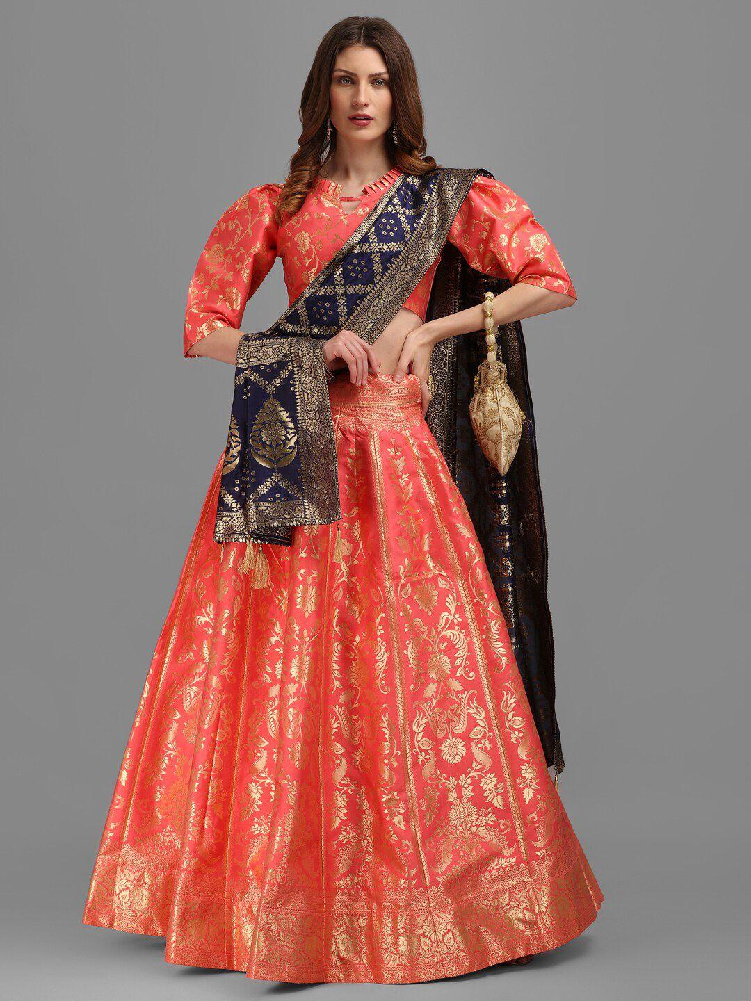 purvaja peach-coloured & navy blue semi-stitched lehenga & unstitched blouse with dupatta