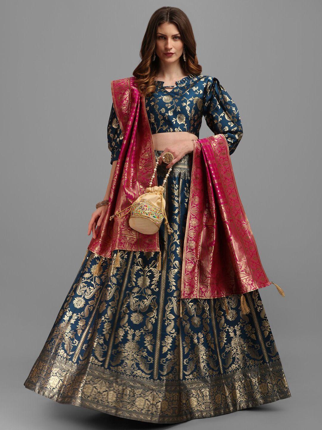 purvaja teal blue & gold-toned semi-stitched lehenga & unstitched blouse with dupatta