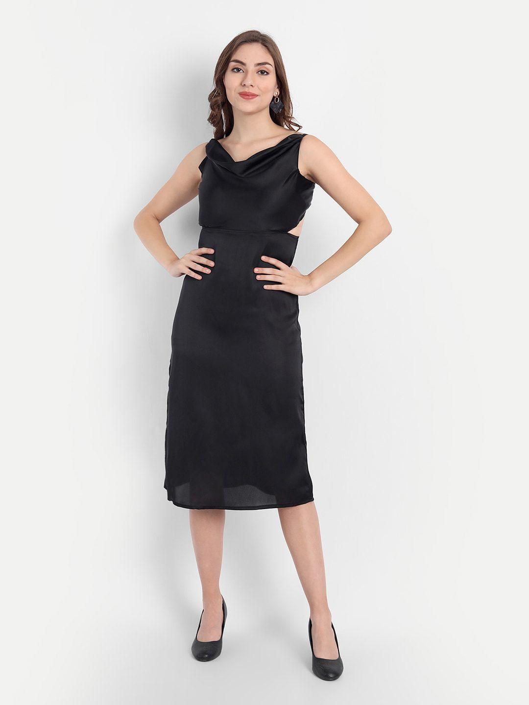 emprall black cowl neck satin sheath midi dress